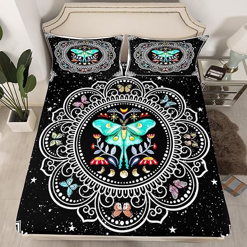 Miniatura 2 de Juego de sábanas ajustables de polilla y mariposa, tamaño Queen, diseño bohemio con mandala y cielo estrellado, funda de cama colorida ultra suave y