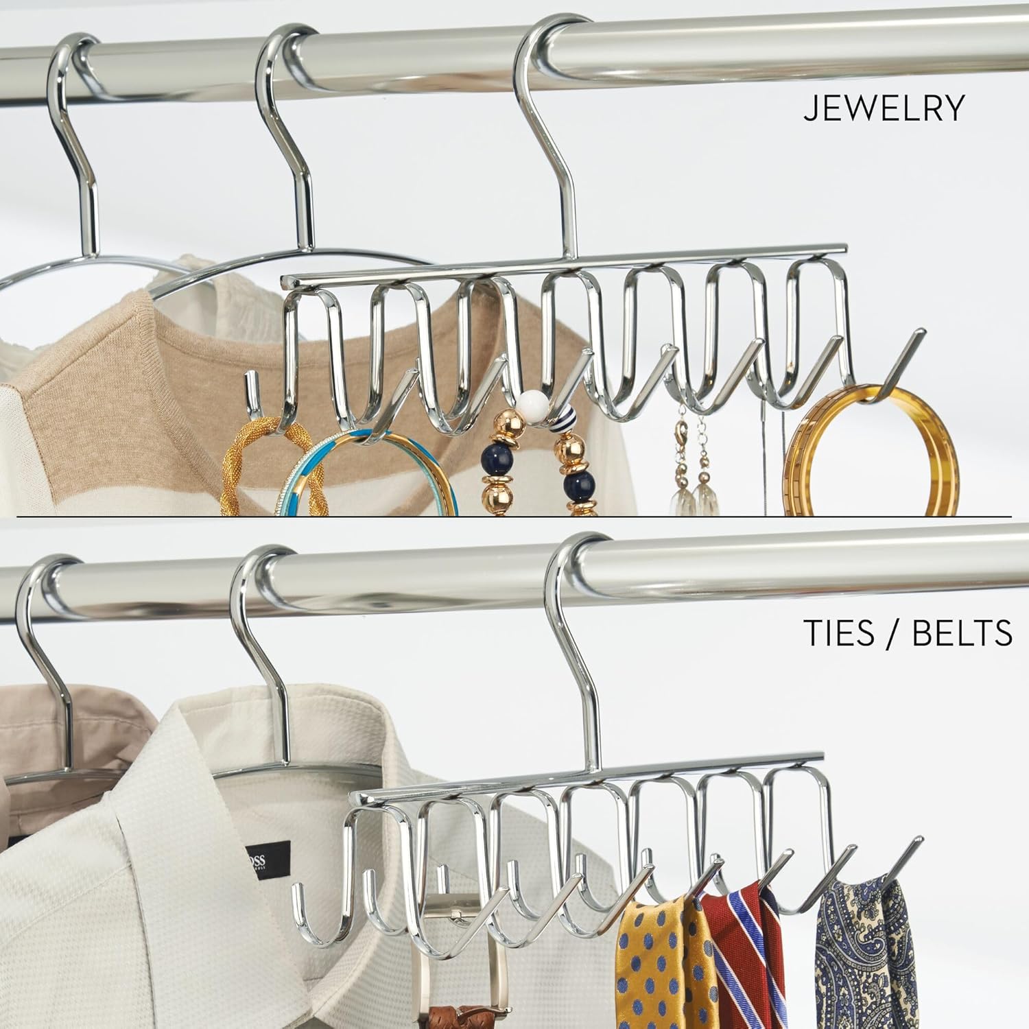 Chrome Metal Tie and Belt Organizer with 14 Hooks