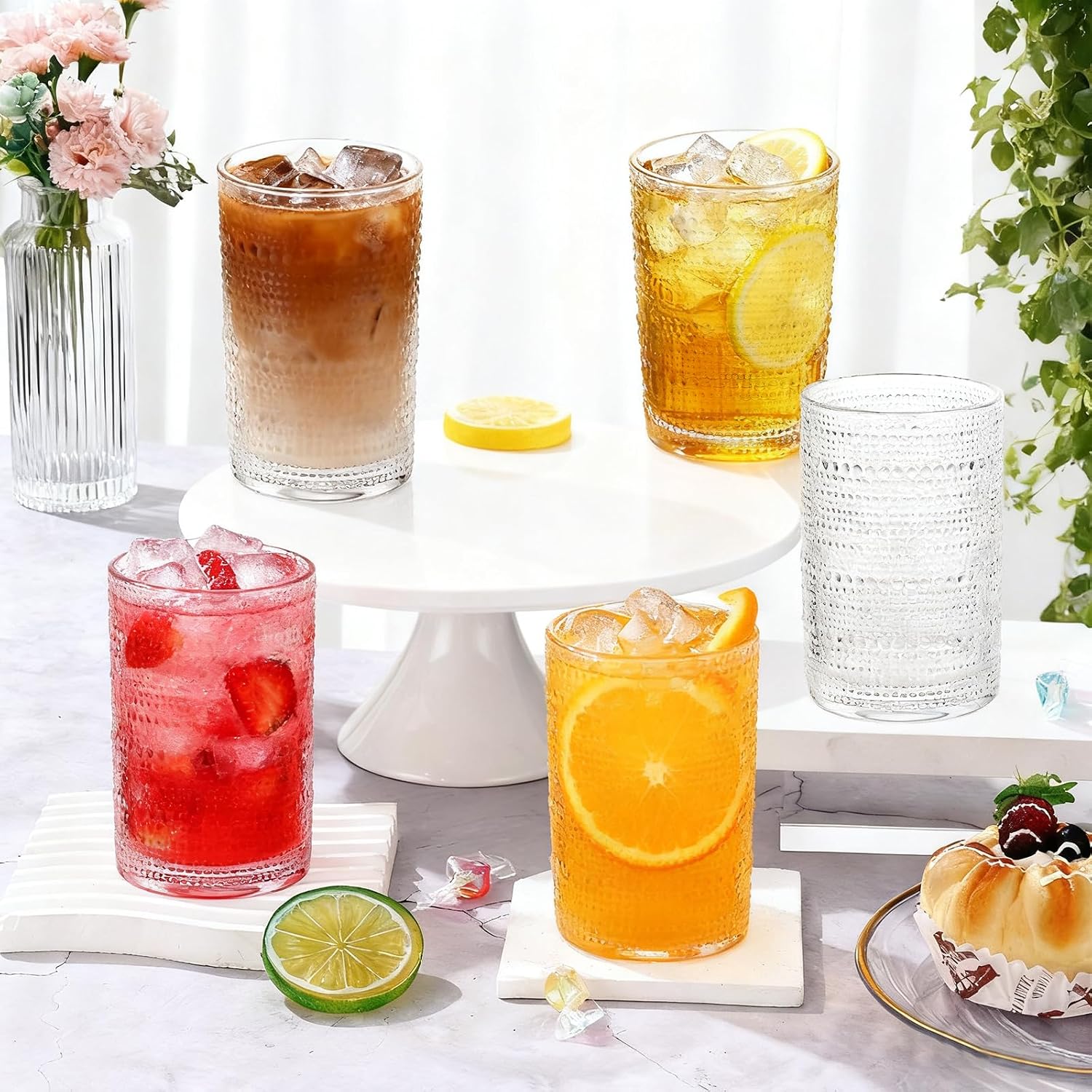 Hobnail Drinking Glasses Set of 6, 12 Oz Vintage Style Tumblers – Thick Durable Glass, Smooth Interior, Dishwasher Safe for Water, Juice, Wine, Whiskey