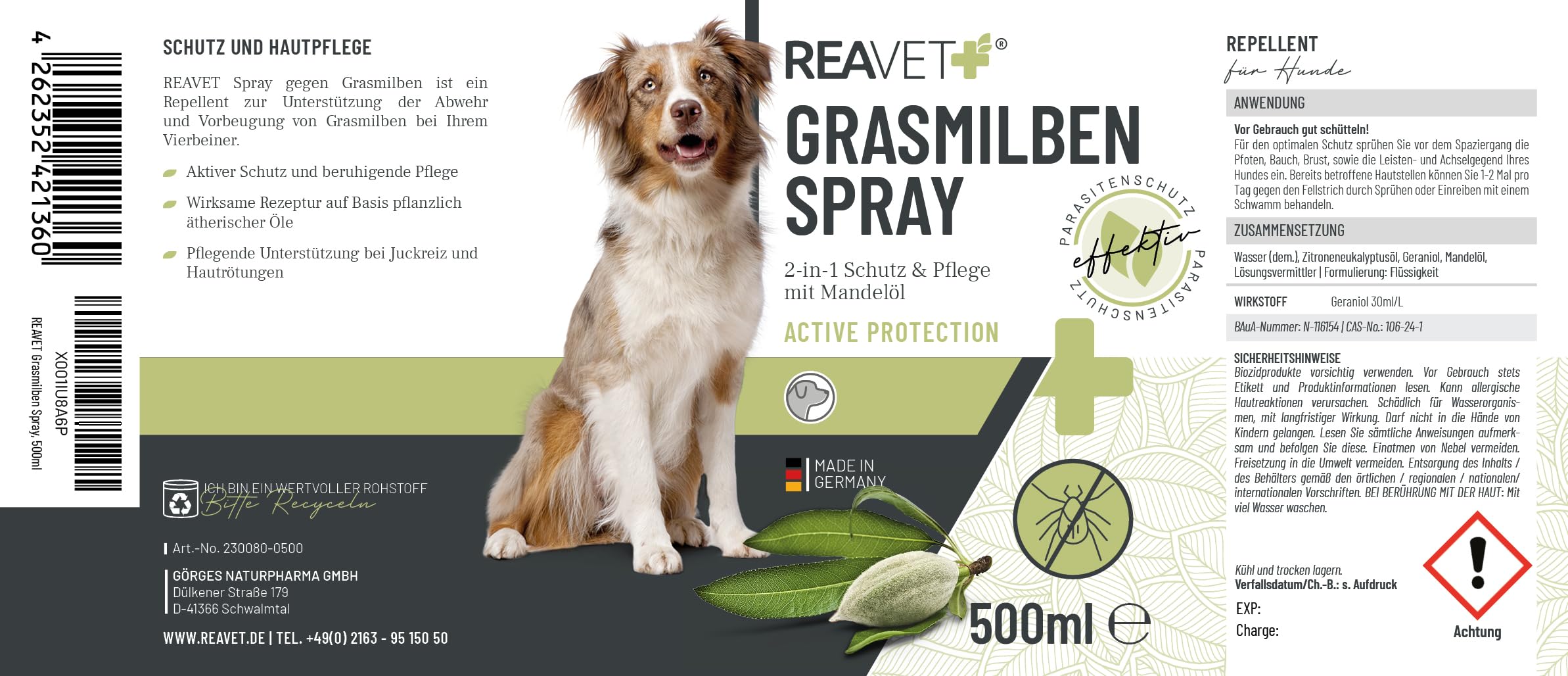 ReaVET Spray de ácaros de hierba para perros 500 ml – Protección, defensa y cuidado de los ácaros de la hierba, spray antiácaros, protección inmediata contra ácaros de hierba y parásitos, calma la
