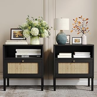 Natural Rattan Nightstands Set of 2, Accent End Table, Boho Bedside Table with 1 Hand Made Decorated Door for Living Room, Bedroom, Black