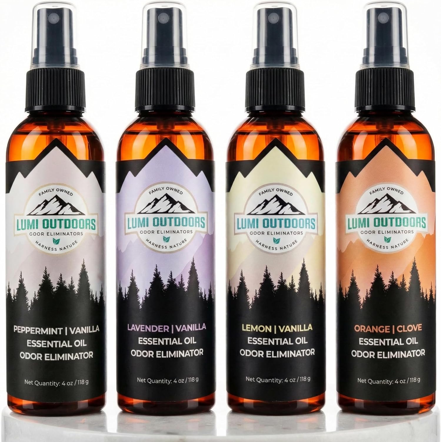Lumi Outdoors Natural Air Freshener Spray - 4 Pack Bundle - Peppermint Vanilla, Lavender Vanilla, Lemon Vanilla, Orange Clove Room Sprays