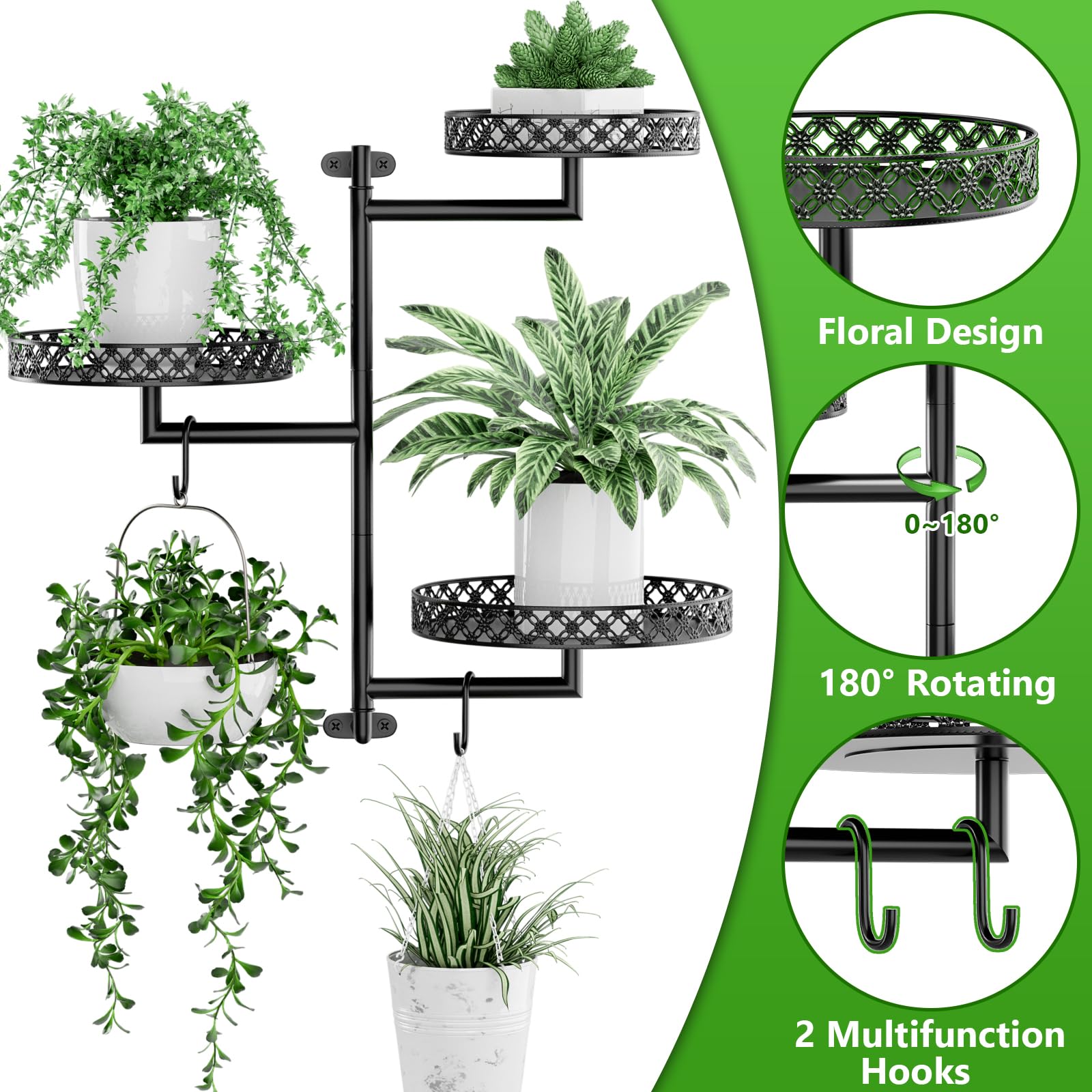 Estantes giratorios para plantas de ventana, soporte de pared para plantas de interior, soporte de 3 niveles de metal floral para múltiples plantas con ganchos para colgar, decoración del 2
