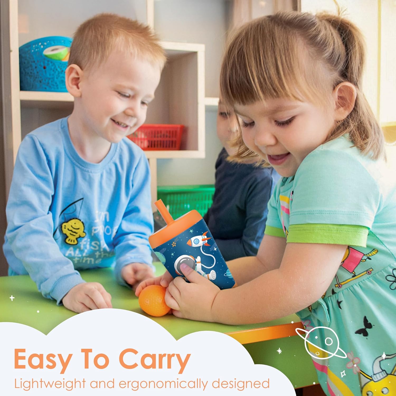 Kid Insulated Stainless Steel Tumbler with Silicone Straw, 12oz Sippy Cup for Kids (Astronaut) - Image 4