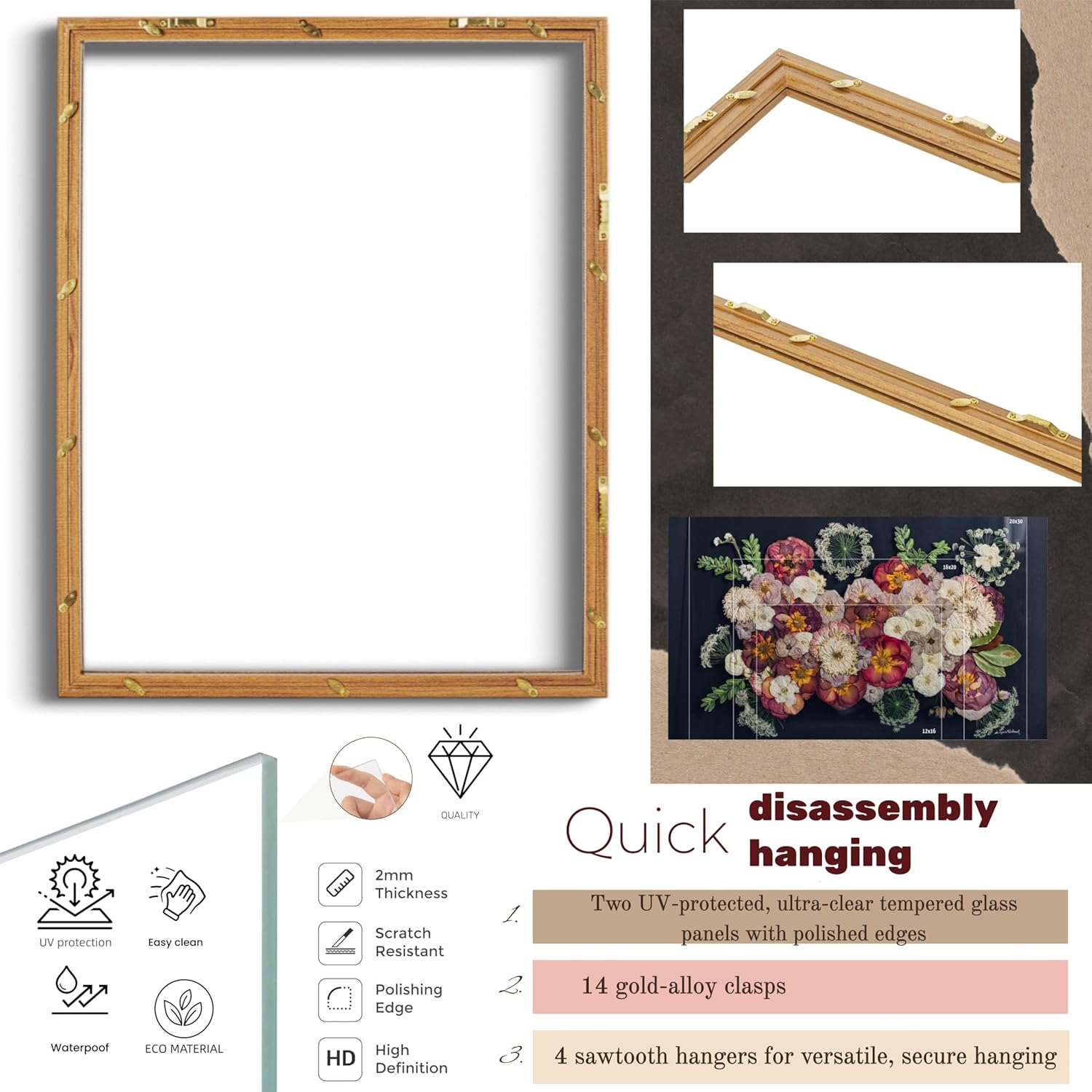 Floating Frames 16x20 Walnut Wood Shadow Box Frame For Pressed Flower Floater Double UV Glass Pressed Flower Floating Frame 20x24 Bouquet Frames For Wedding Memory