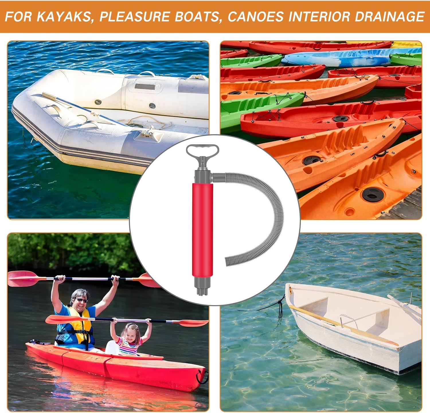 2 Pcs Bilge Pump Manual Hand Water Pump Portable Boat Accessories Removal Bilge Pump Kit Water Pumps with Reversible Hose for Boats Kayaks Canoes Sailboat, Red Orange