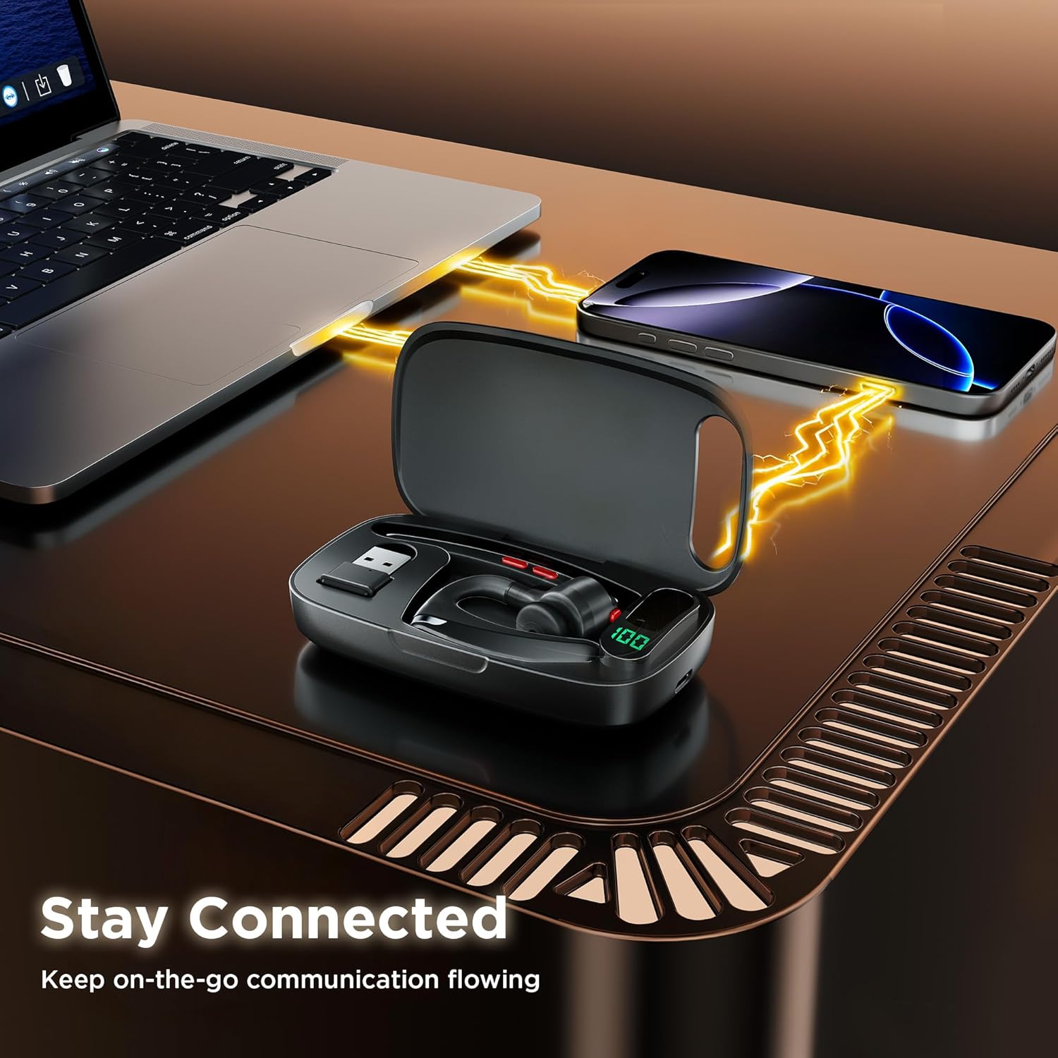 COMEXION Bluetooth Headset V5.3, Wireless Headset with Dual Noise-Canceling Mics, Portable Charging Case, 300H Standby Time, Hands Free Headphones for Computer/Cell Phones, Trucker/Home/Office/Work - Image 6