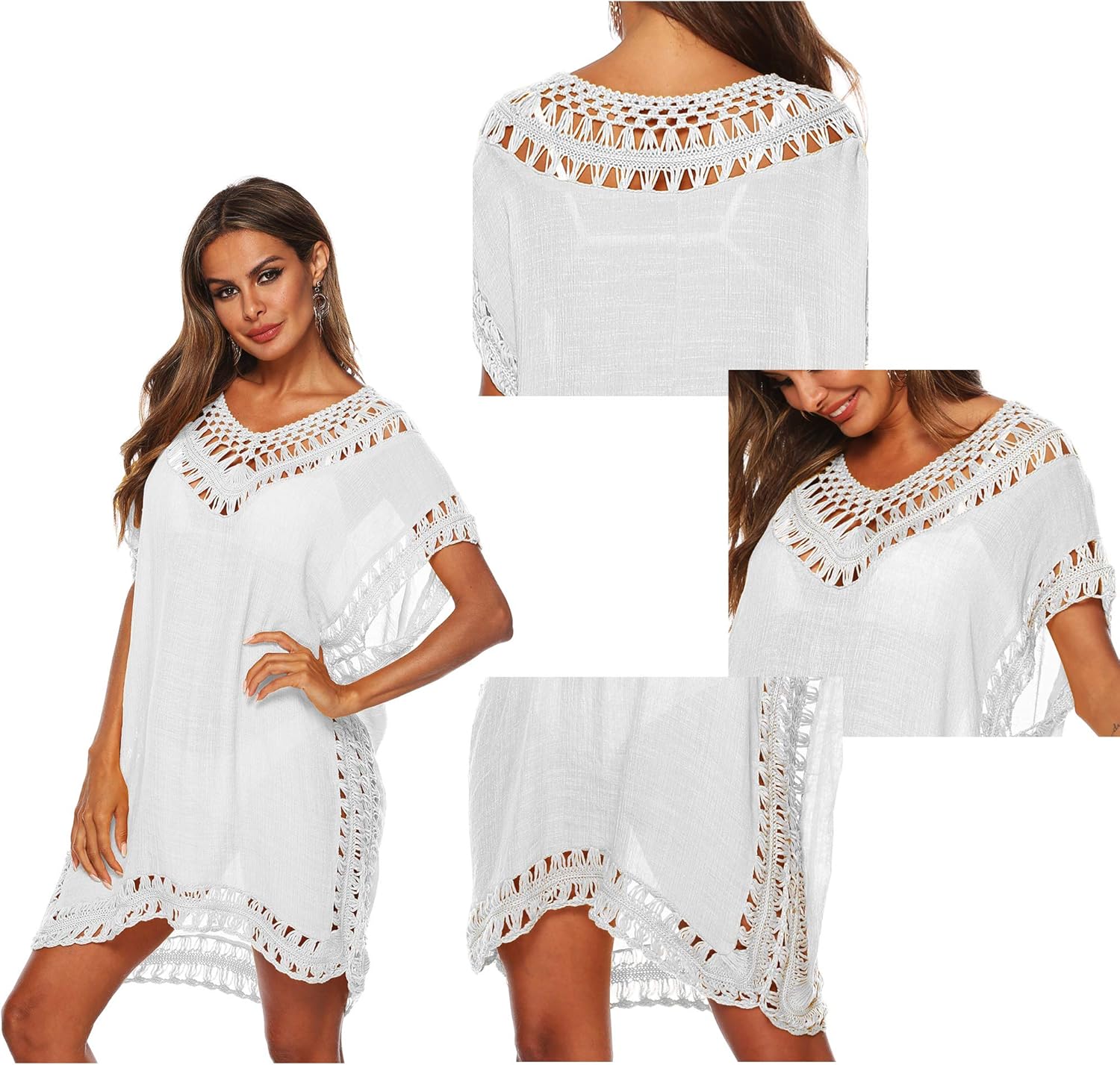 SIAEAMRG Swimsuit Cover Ups for Women, V Neck Hollow Out Swim Coverup Crochet Chiffon Summer Beach Cover Up Dress