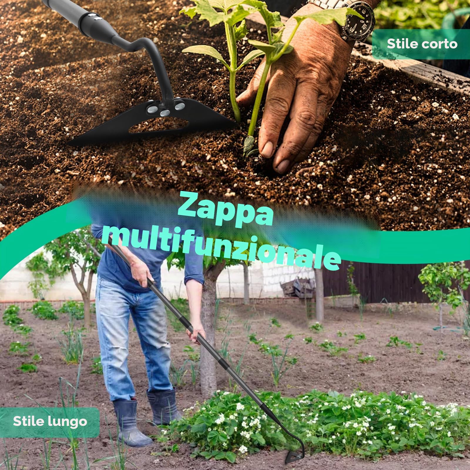 Zappa da giardino, Zappa da giardino con manico 140 cm, Zappa cava temprata per diserbo, allentamento del suolo, scavo, piantagione, solchi, Pratico strumento per rimuovere le erbacce Utensile da