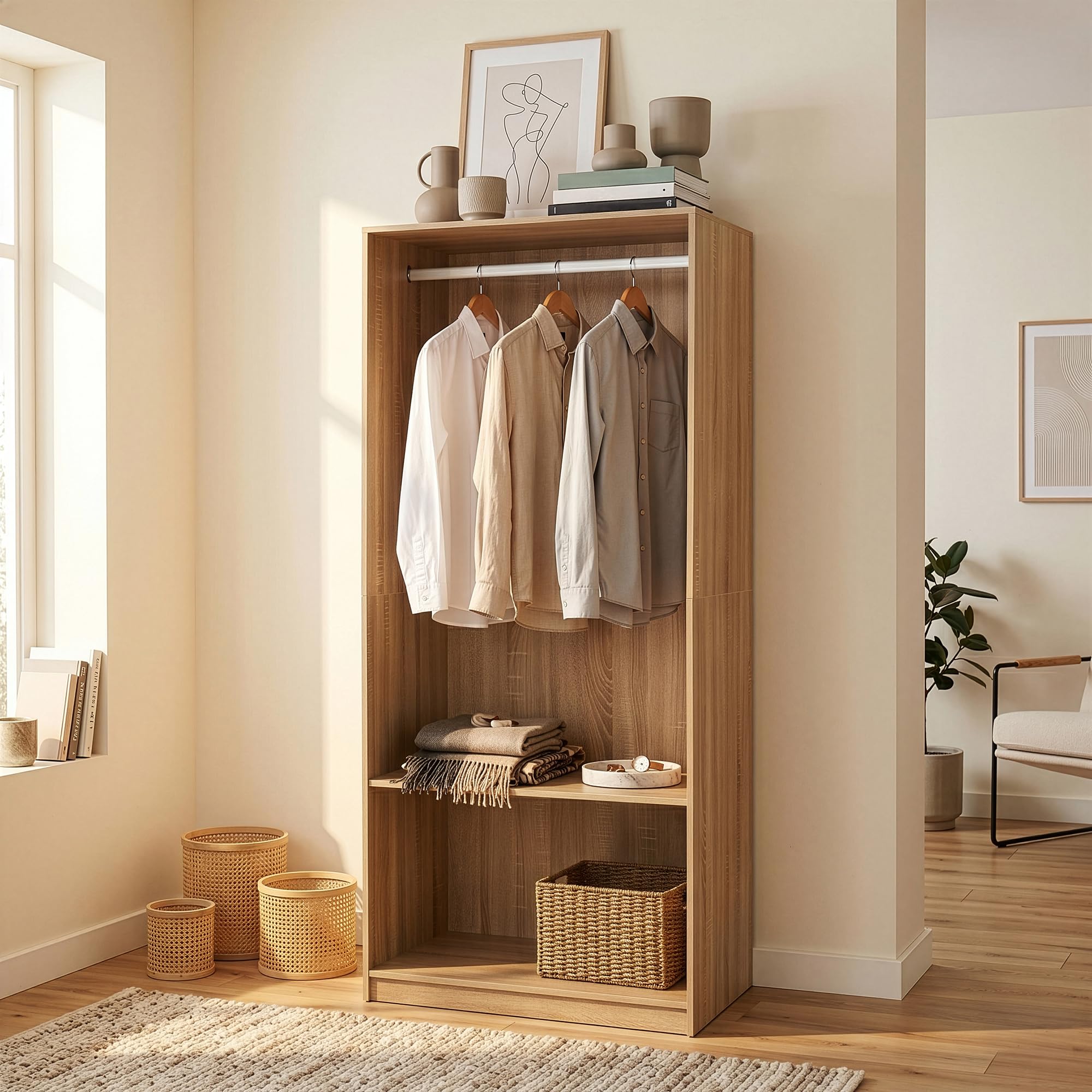 en.casa] Kleiderschrank offen Vippsaki mit Kleiderstange 1 Fach Kleiderständer Schrank Schlafzimmer Garderobe 200 x 80 x 50 cm Eichoptik Küche, Haushalt & Wohnen