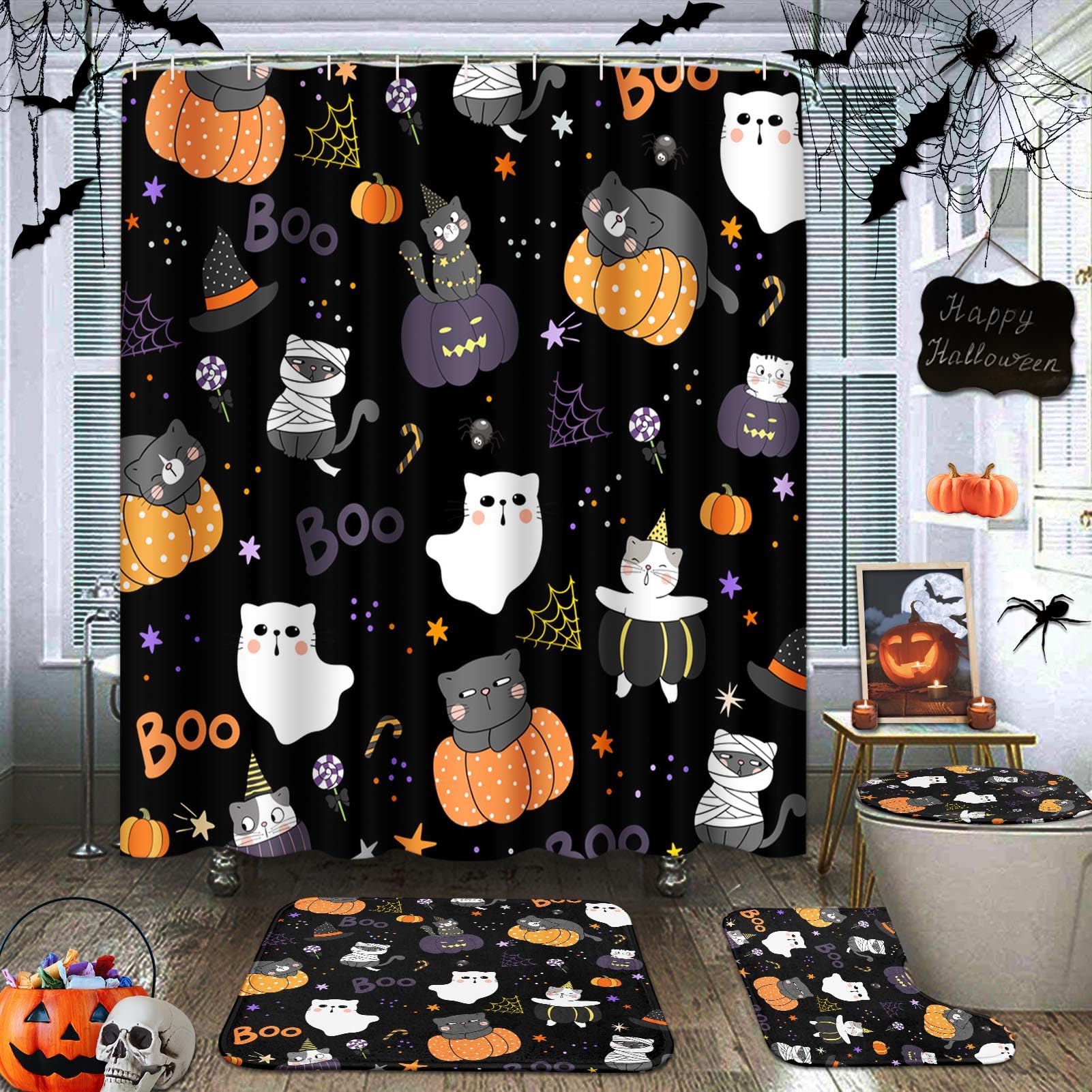Tayney Bathroom Sets with Shower Curtain and Rugs, 4 Pcs, Halloween Cat