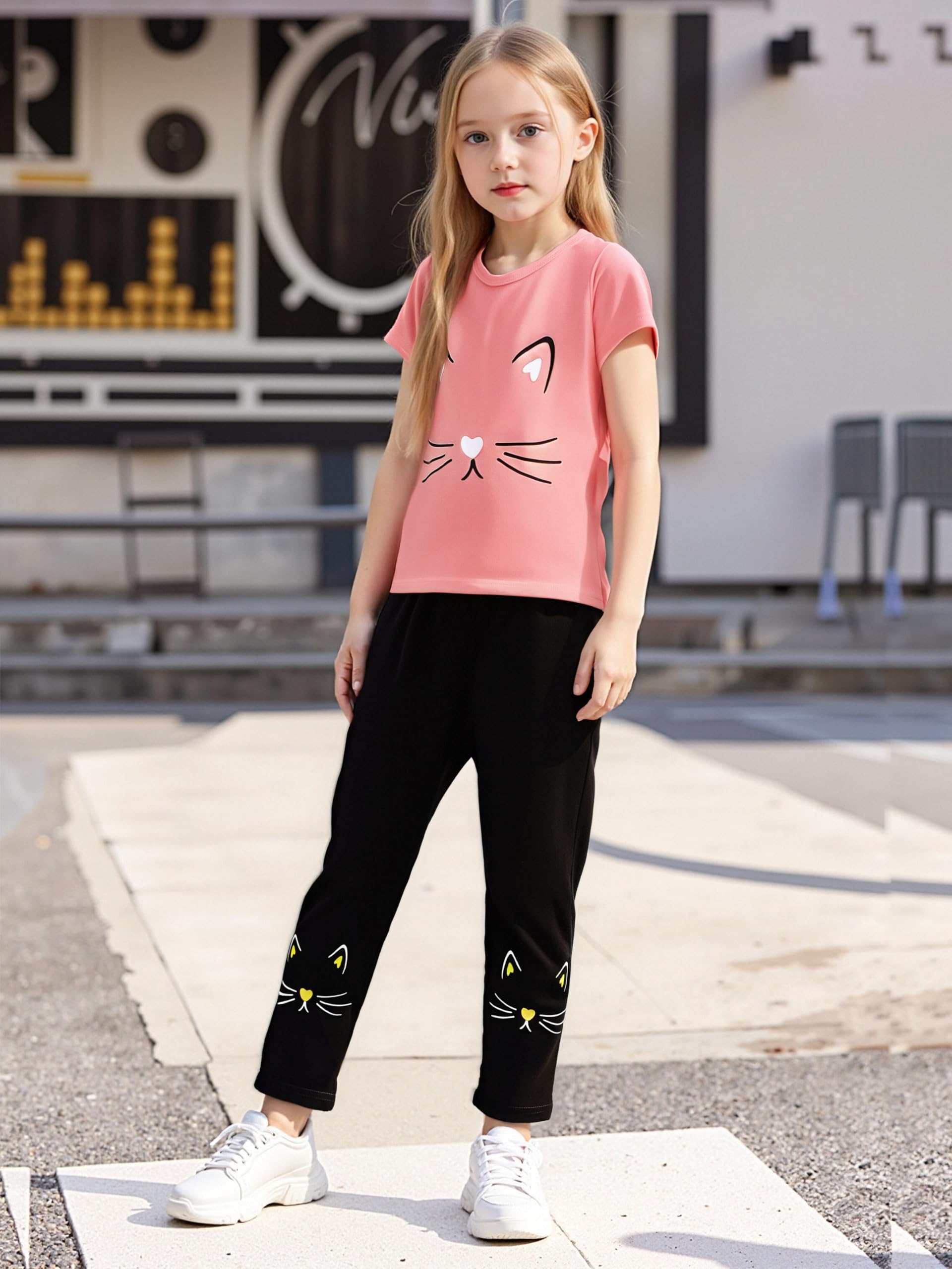 Conjunto de 2 piezas de ropa para niña pequeña de 4 a 8 años, con estampado de cara de gato, camiseta de manga corta y pantalones, para primavera y verano