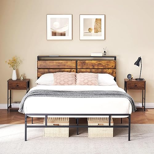 GAOMON Base de cama de plataforma de metal con cabecera de madera rústica vintage, soporte de listones de metal fuerte, no necesita somier (Queen