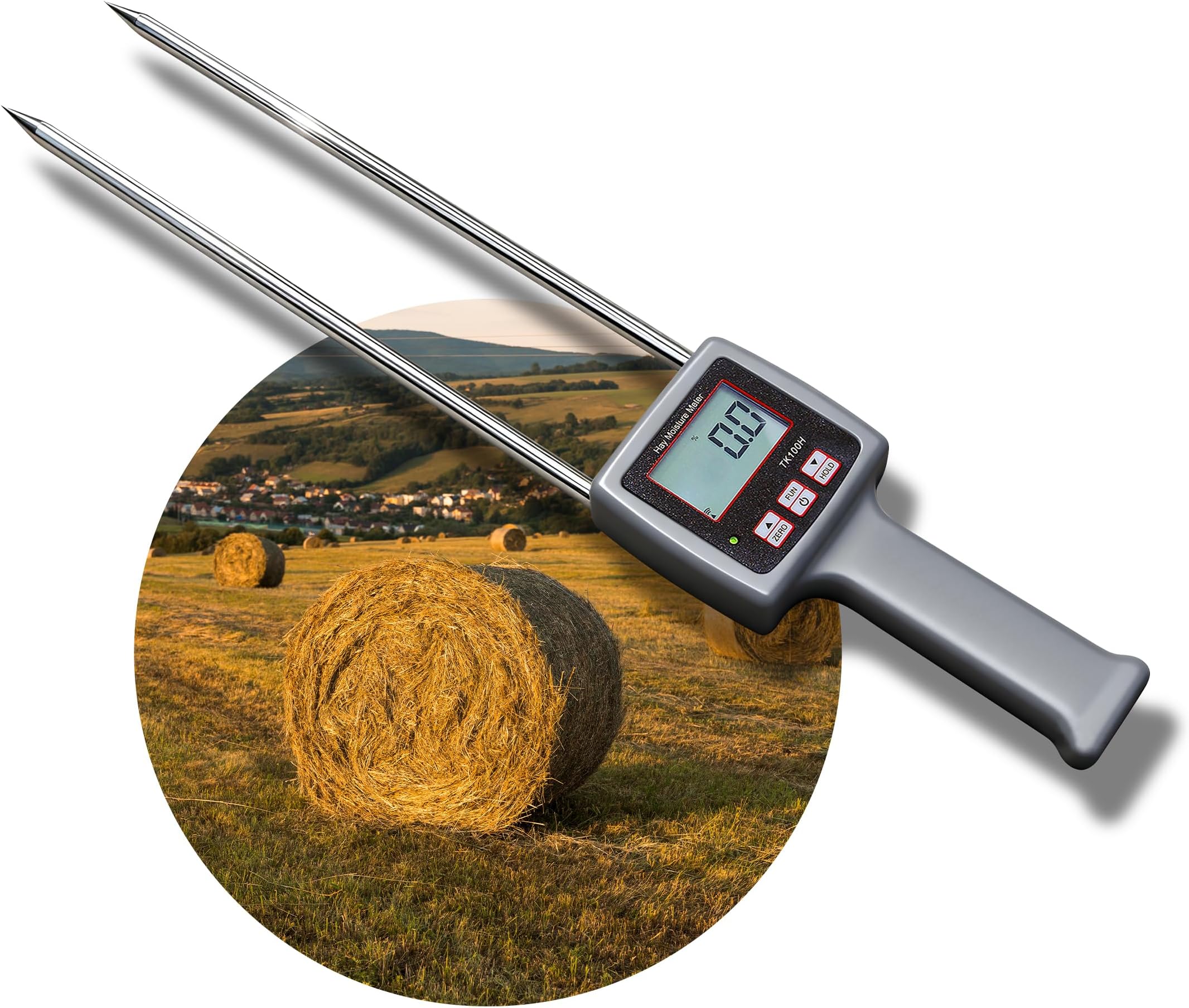 Hay Moisture Meter Portable Hay Moisture Tester with Backlight Hay Moisture Digital Meter with ATC Moisture Tester for Hay Bales, Alfalfa, Orchard Grass (Model TK100H)