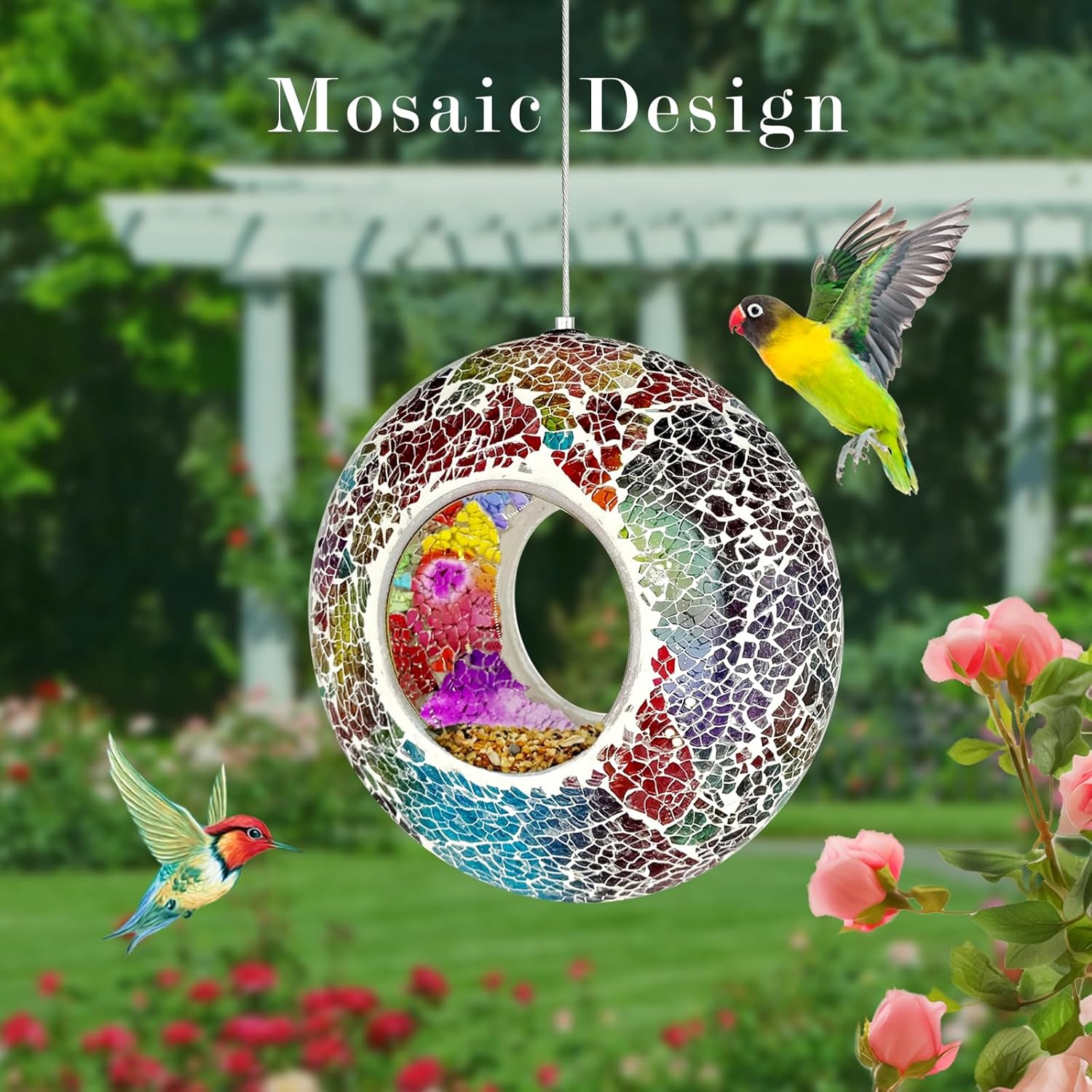 Hanging Bird Feeders for Outdoor Glass Mosaic Fly Through Wild Bird Feeder Round Shape Birdfeeder for Outside Garden Yard Patio Decoration Multicolor