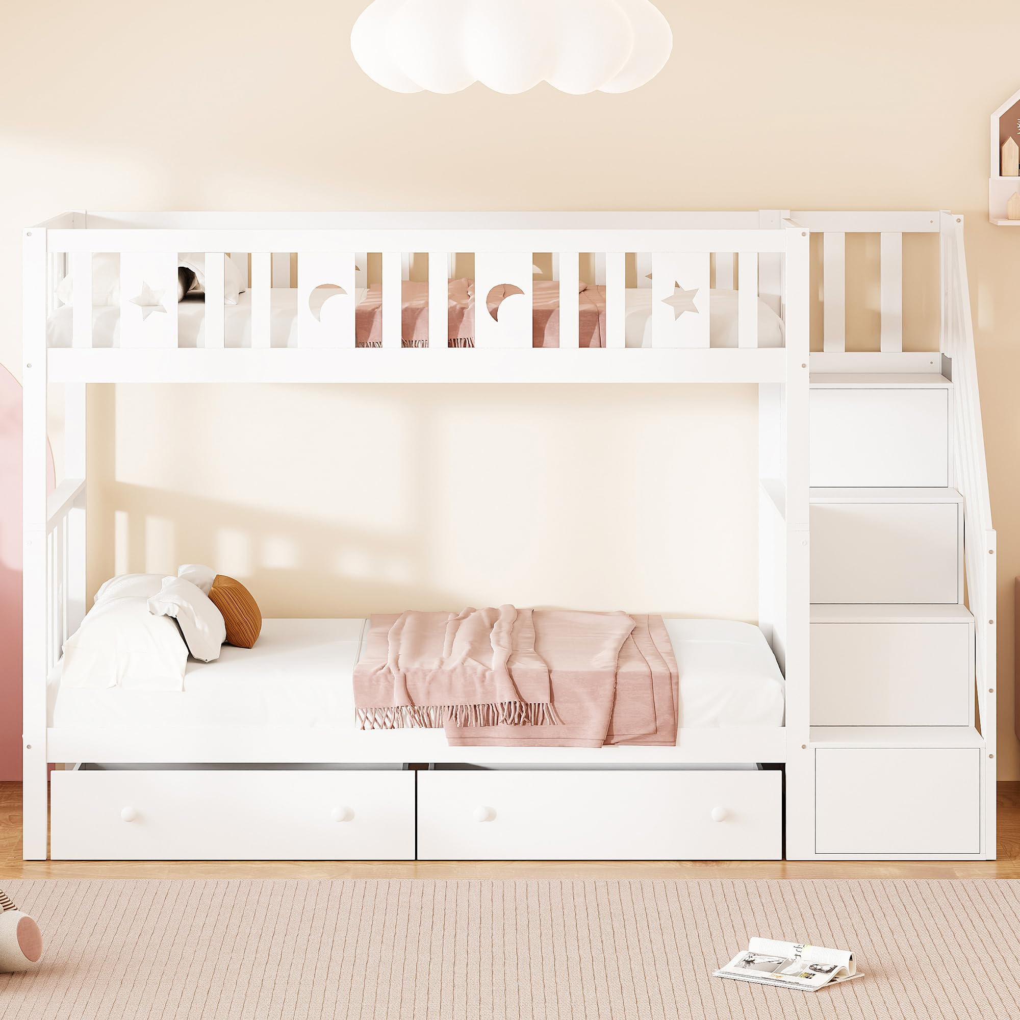 Moimhear Lettino per bambini, 90x200 cm, letto a castello in legno massiccio, con scala di sicurezza, scala con spazio di archiviazione, due grandi cassetti e rete a doghe, trasformabile in 2 piccoli
