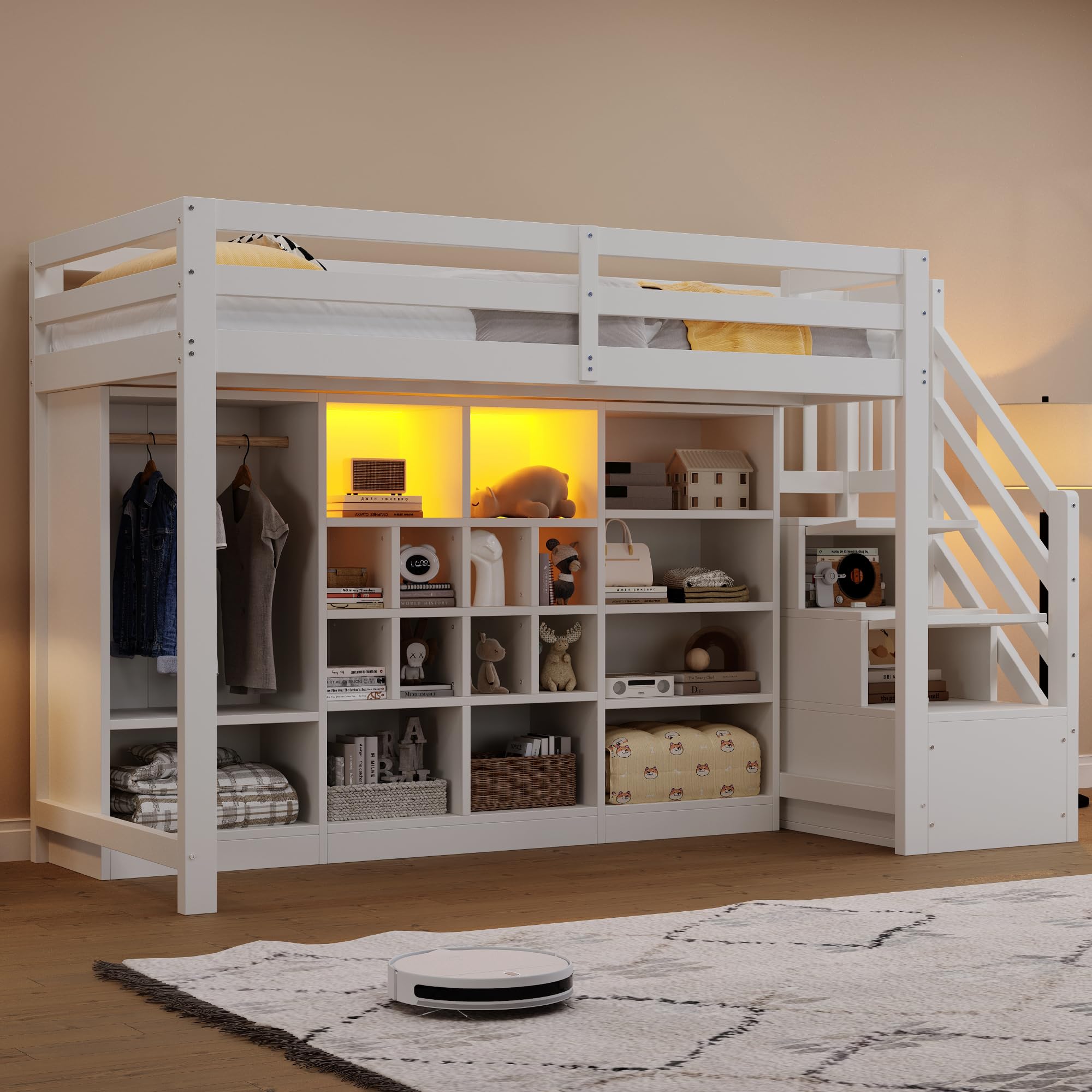 Soweiz Cama alta de 90 x 200 cm, con armarios de almacenamiento con varios compartimentos y un armario, con iluminación LED, escalera lateral integrada, espacio de almacenamiento (blanco)