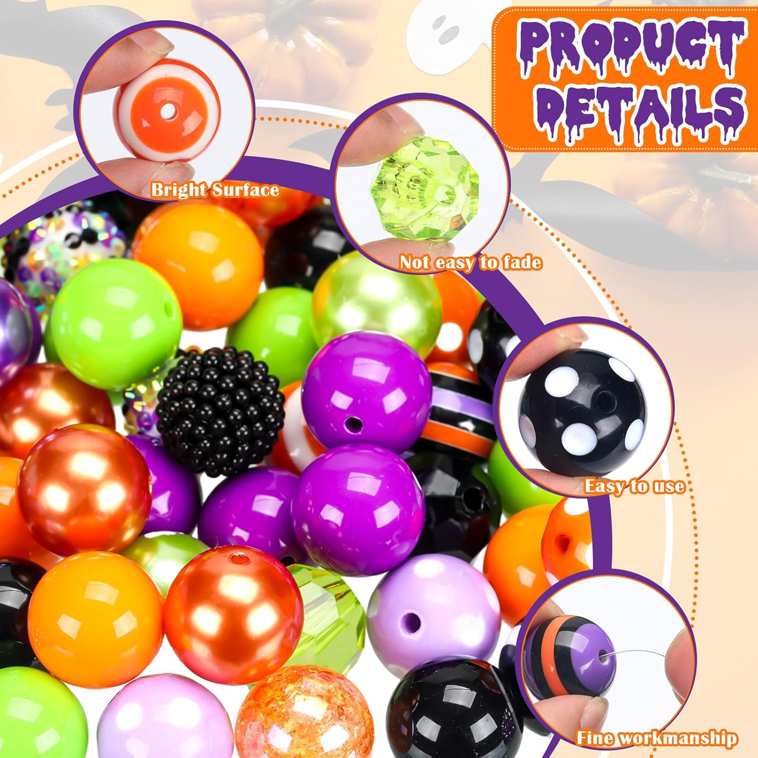 Poen 100 Pcs 20 mm Halloween Rhinestone Bubblegum Beads for Pens Bulk Crystal Resin Acrylic Plastic Spacer Chunky Beads for Halloween DIY Craft Keychain Necklace Bracelet Jewelry Making Holiday Decor - Image 3