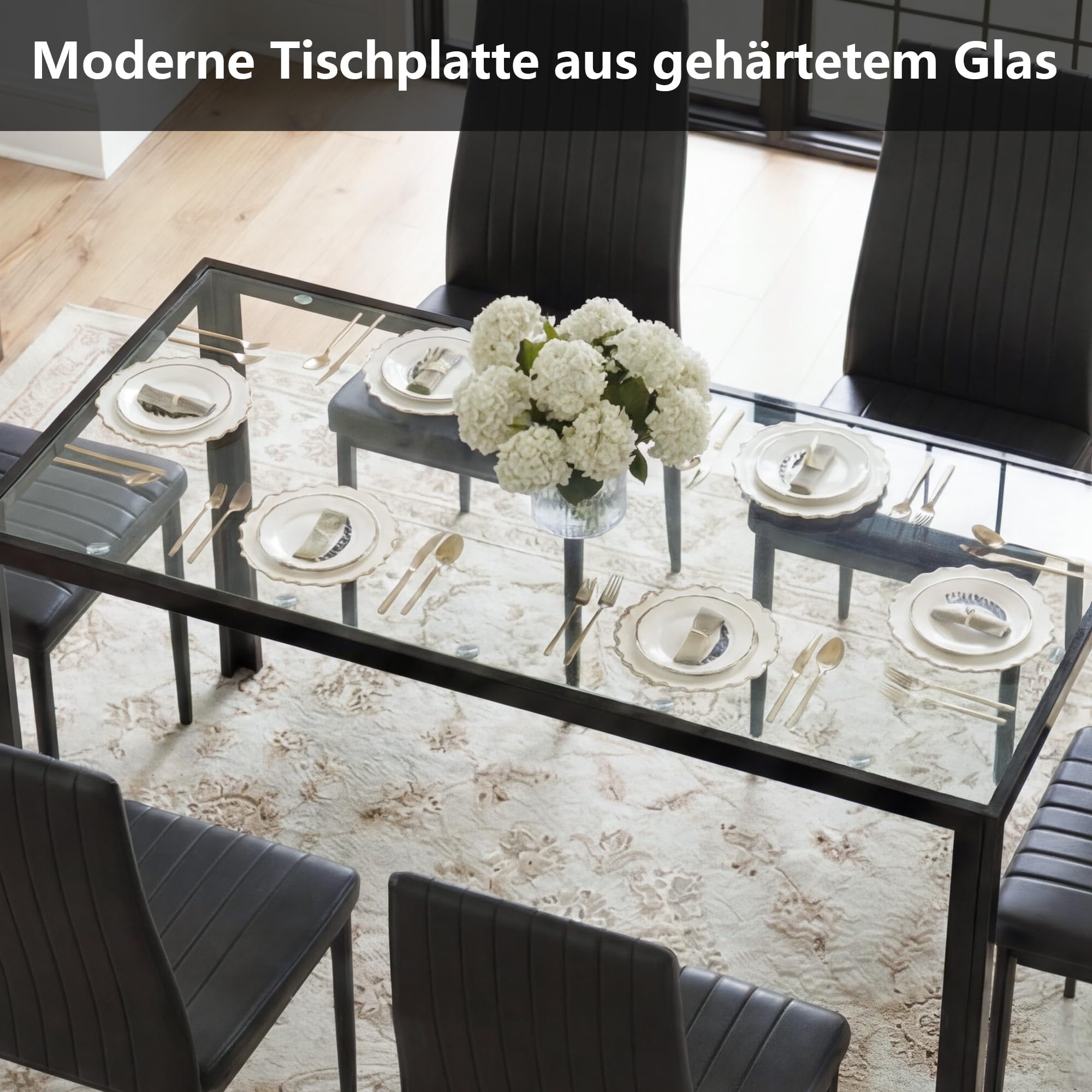 Essgruppe Set Tisch und Stühle, Esstisch mit 6 Stühlen Esszimmergruppe, Strapazierfähiges Kunstleder, Tischplatte aus Sicherheitsglas,Sitzgruppe für Küche Esszimmer Wohnzimmer(120*75*60cm )