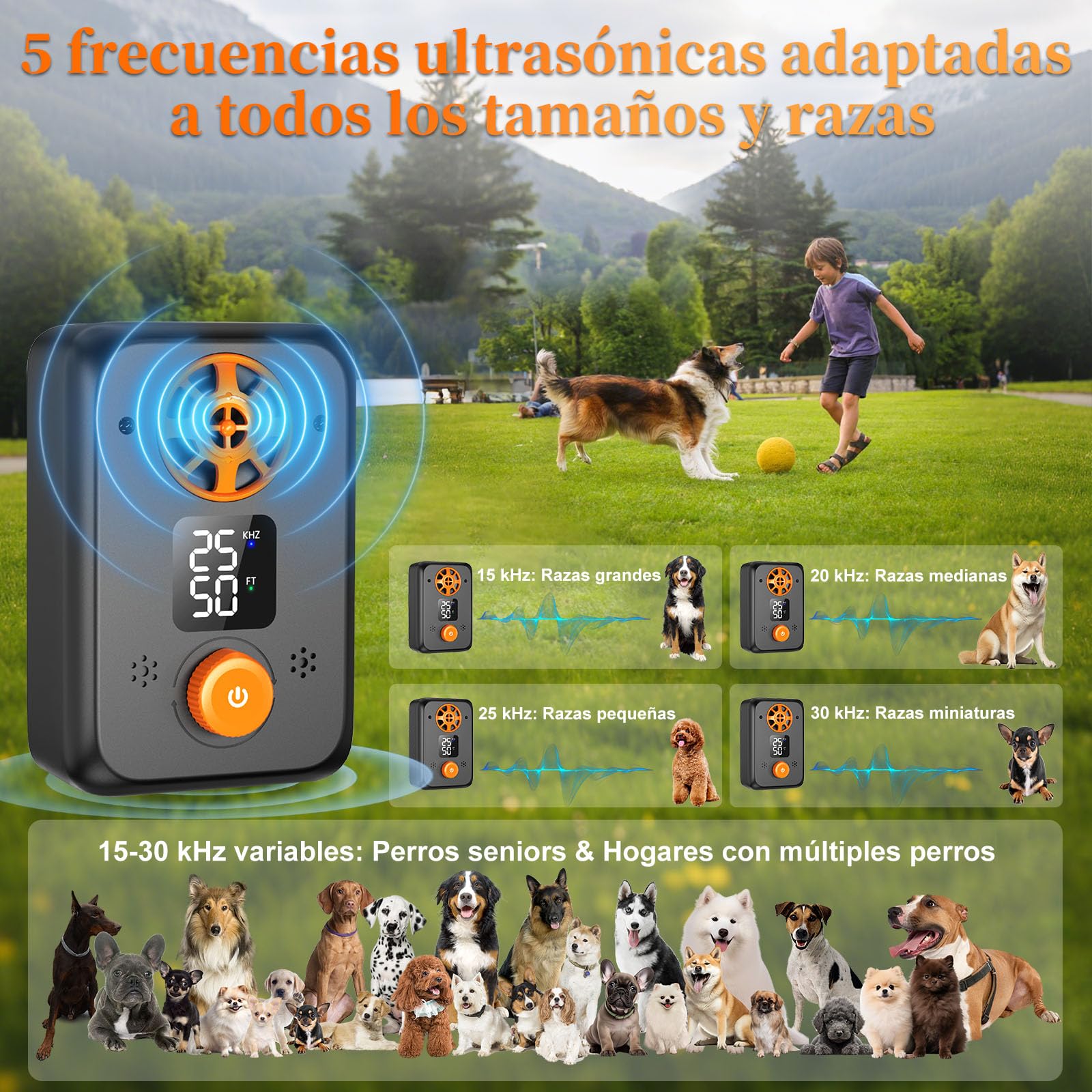 Anti Aboiement Chien Ultrason Puissant - Appareil Anti-Aboiement Ultrasonique Chien avec 5 Fréquences Ajustables, 3 Portées, Arrêt Automatique du Aboiement Intérieur/Extérieur