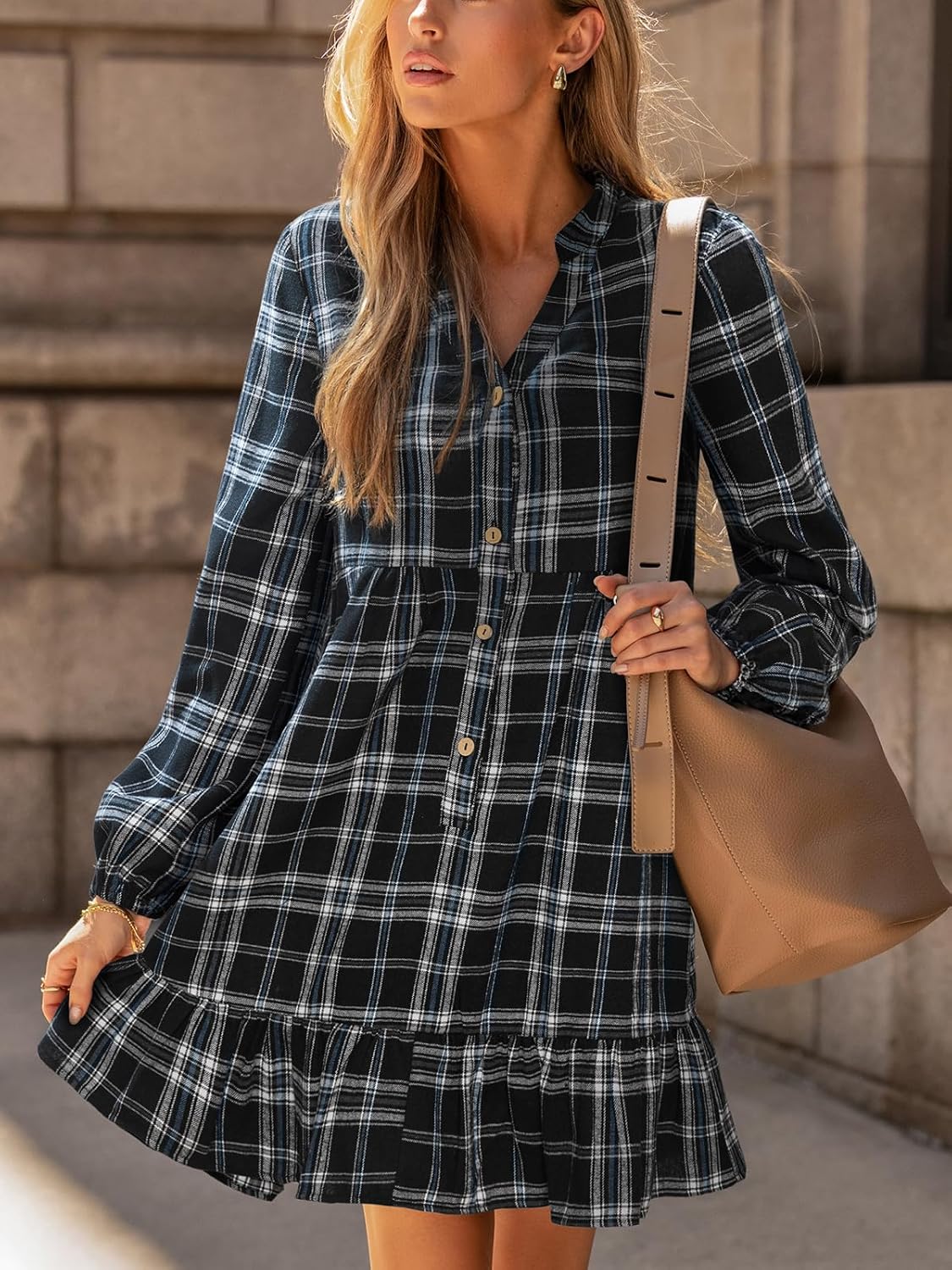 CUPSHE Women Fall Dresses Plaid Ruffle Hem V Neck Long Sleeve Button Holiday Tunic Mini Dress - Image 5