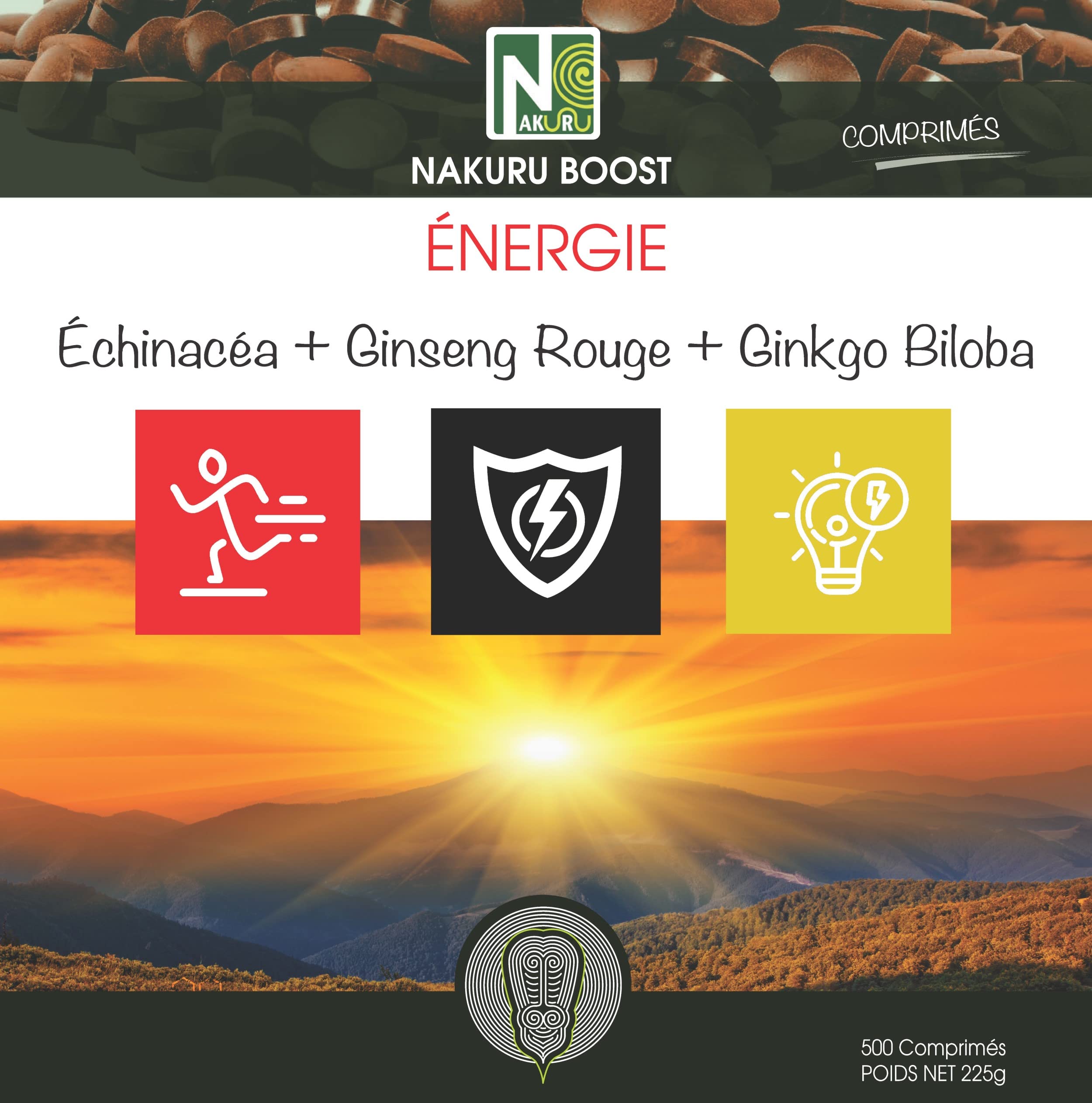 NAKURU | Énergie = Échinacéa + Ginseng Rouge + Ginkgo Biloba/Gamme Boost/Fabriqué en France (500 Comprimés de 450mg / Poids Net: 225g)