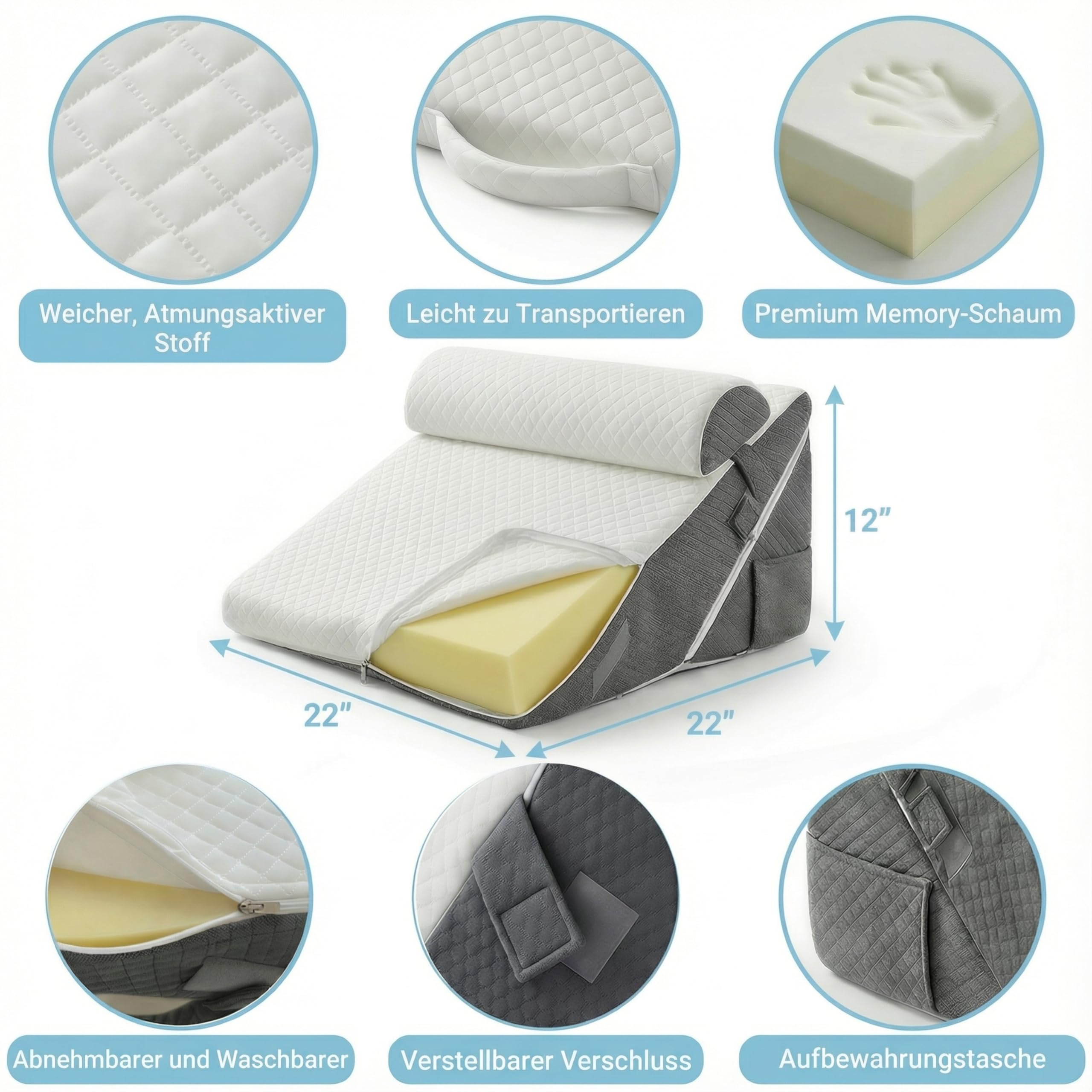 3PCS Set Höhenverstellbar 9''/12'' Orthopädische Keilkissen für Postoperative Unterstützung zur Linderung von Reflux, Rückenkissen, Lesekissen für Bett und Sofa