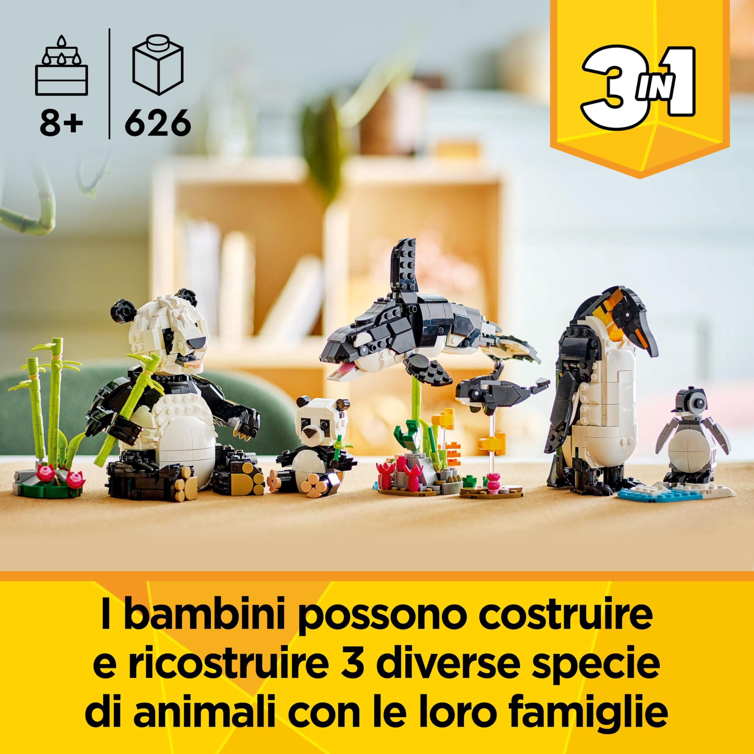 LEGO Creator 3 in 1 Animali Selvatici: Famiglia di Panda Giocattolo - Si Trasforma in Pinguino e Orca - Regalo di Compleanno Creativo per Bambine e Bambini da 8 Anni in su - 31165