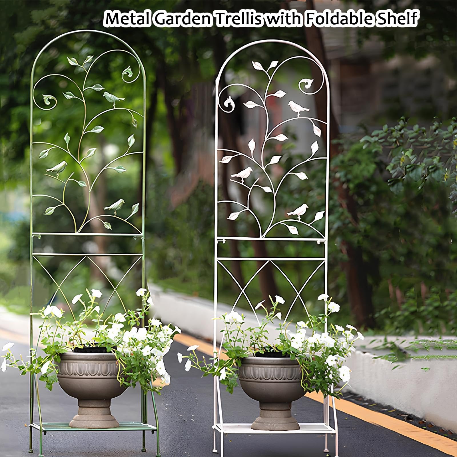Rankgitter Metall, Rankhilfe mit klappbarem Regal, 180 cm hoch dekorative Gartenzaun für Kletterpflanzen, Pflanzenstütze, Rankspalier für Blume Gemüse(Green)