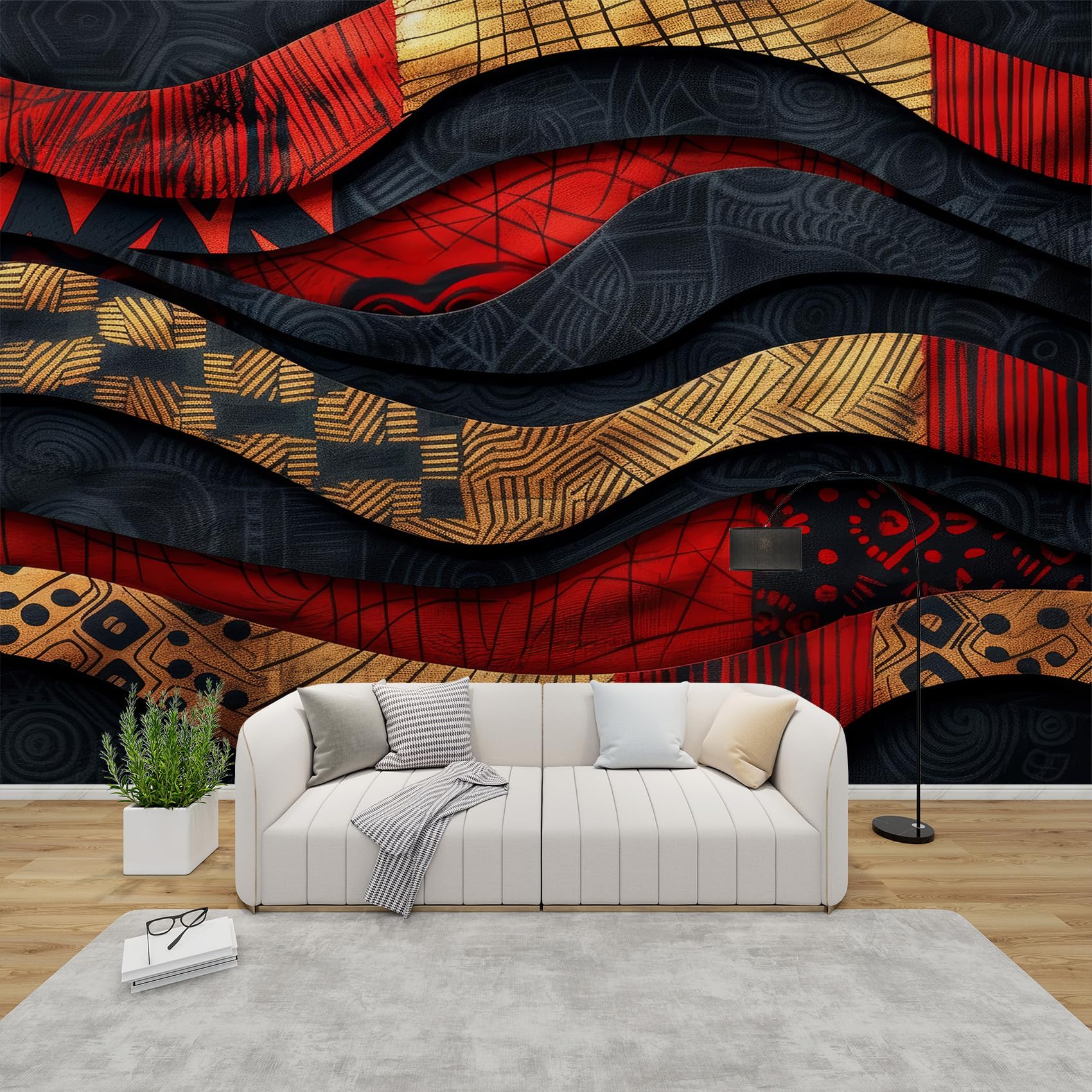 Qeodah Red Gold African Mural Wallpaper For Living Room, Tribal Abstract Ethnic Wall Art For Bedroom, Geometric Wall Murals For Bedrooms, Renter Friendly Removable Waterproof Photo Wallpaper 3D, 300X210 Cm