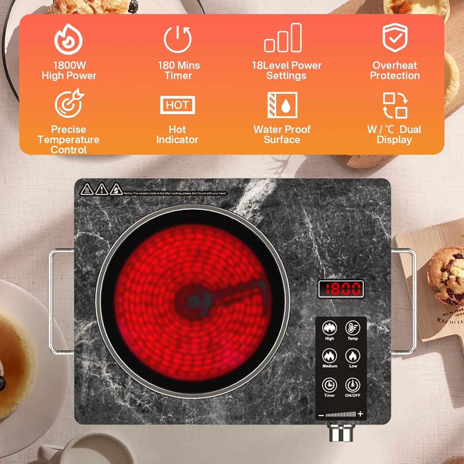 1800W Single Burner Electric Stove Top, Portable Infrared Electric Cooktop with Marble Glass, 110V Ceramic Hot Plate, Countertop Burner with Timer & Knob Control, 18 Levels Power Settings