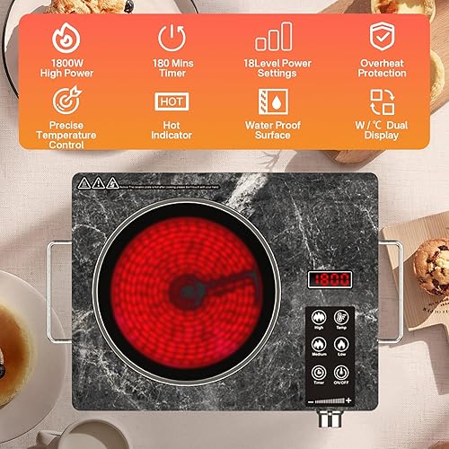 Miniatura 2 de Placa eléctrica de un solo quemador de 1800 W, placa caliente infrarroja portátil con vidrio de mármol, estufa de cerámica de encimera con