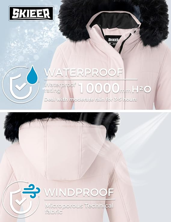 Skieer Women's Waterproof Ski Jacket Windproof Winter Coat Thick Snow Parka | Removable Hood, 10000mm Waterproof, 4 Pockets, Recycled Fabric, Adjustable Cuffs, Sturdy Zipper, Skiing, Snowboarding