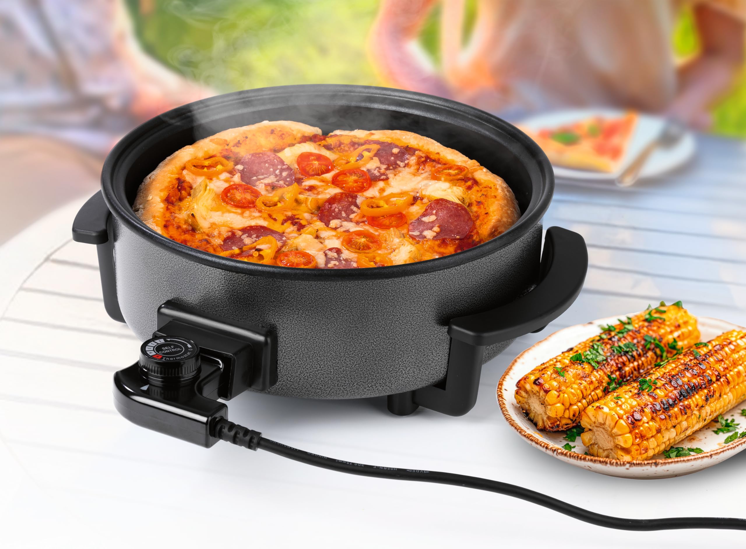 GOURMETmaxx Elektryczna patelnia do pizzy z termostatem i szklaną pokrywką | wielofunkcyjna, 30 cm, 1500 W | patelnia do pizzy
