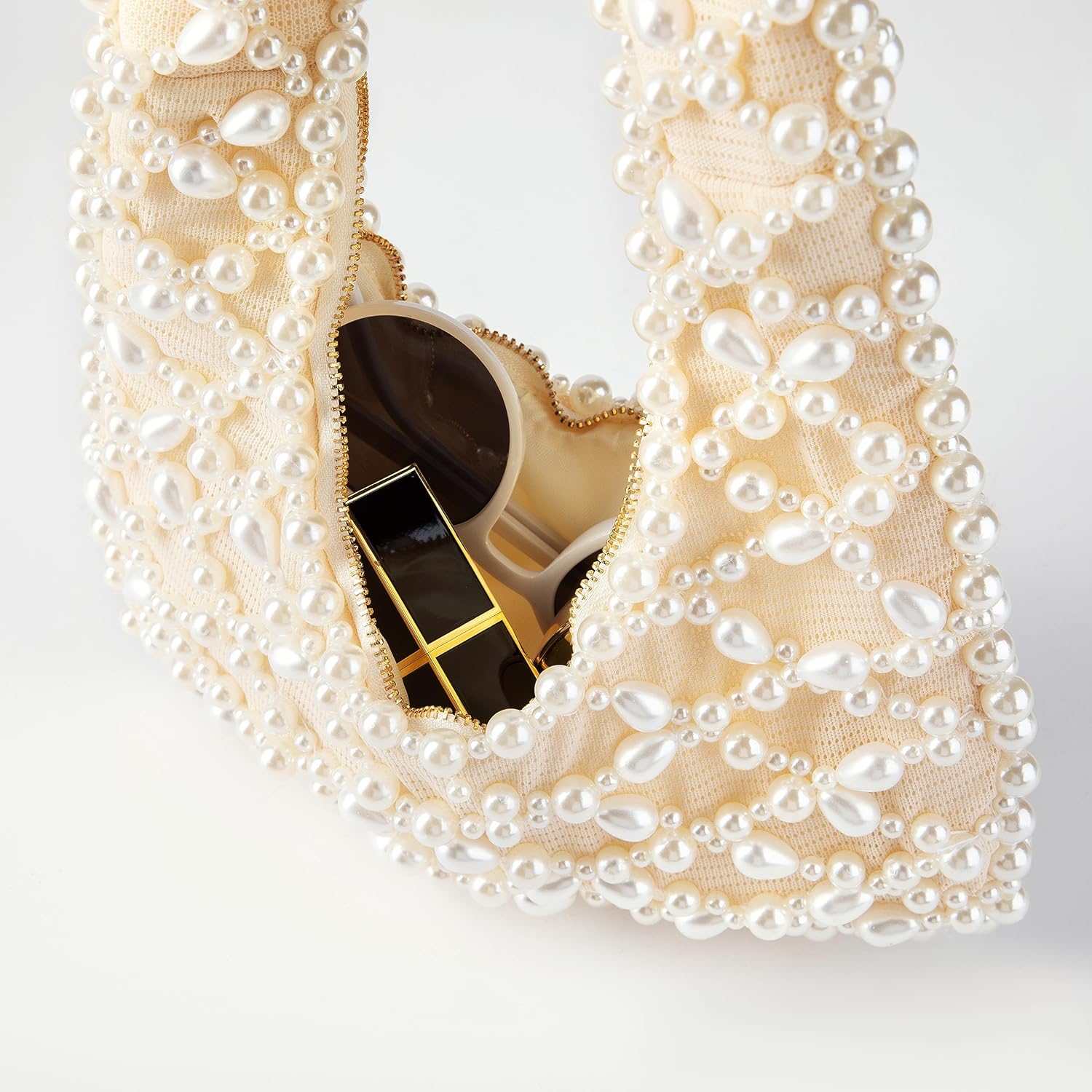 Women Artisanal Acrylic Pearl Clutch Exquisite Beads and Fabric Woven Shoulder Bag Evening Satchal for Wedding Party (L) - Image 5