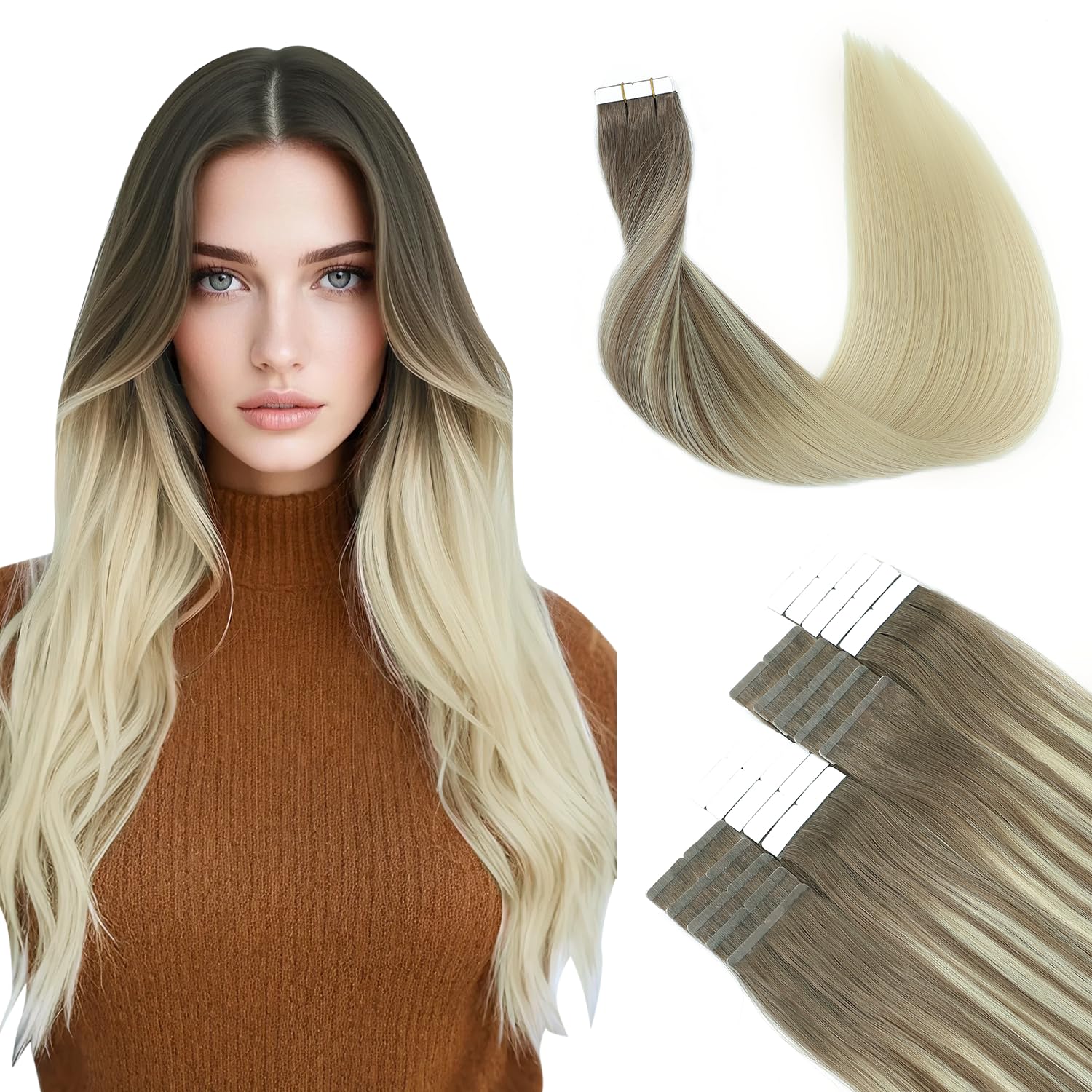 SURNEL Tape in Hair Extensions Human Hair Brown To Blonde 8T60 Tape Hair Extensions Blonde Real Human Hair Extensions Tape-ins 16 Inch 20 Pieces/50g (T16inch
