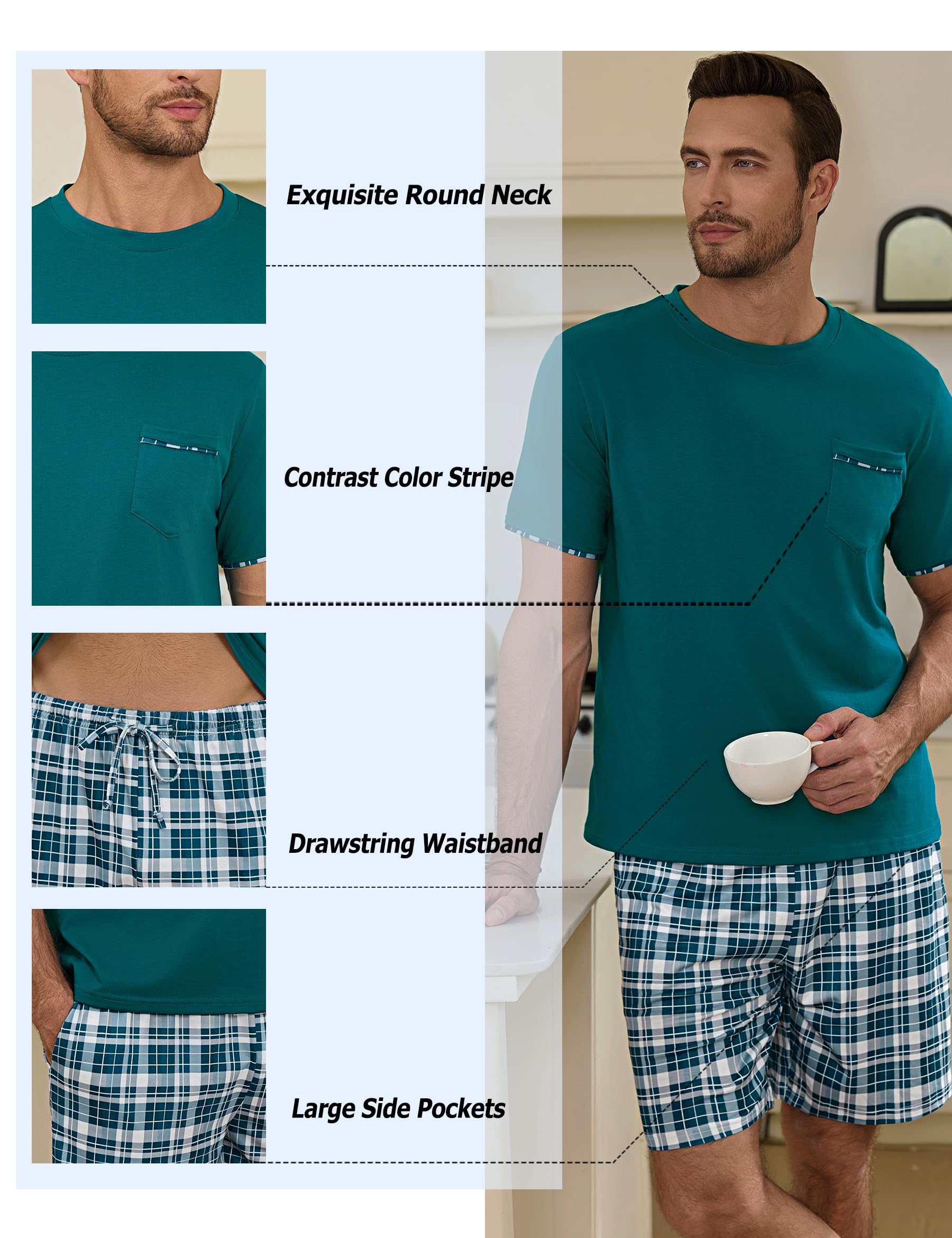 Schlafanzüge für Herren Kurz Baumwolle Sommer Nachtwäsche mit Karierte Ziermanschetten, Zweiteiliger Men's Pyjama Sets