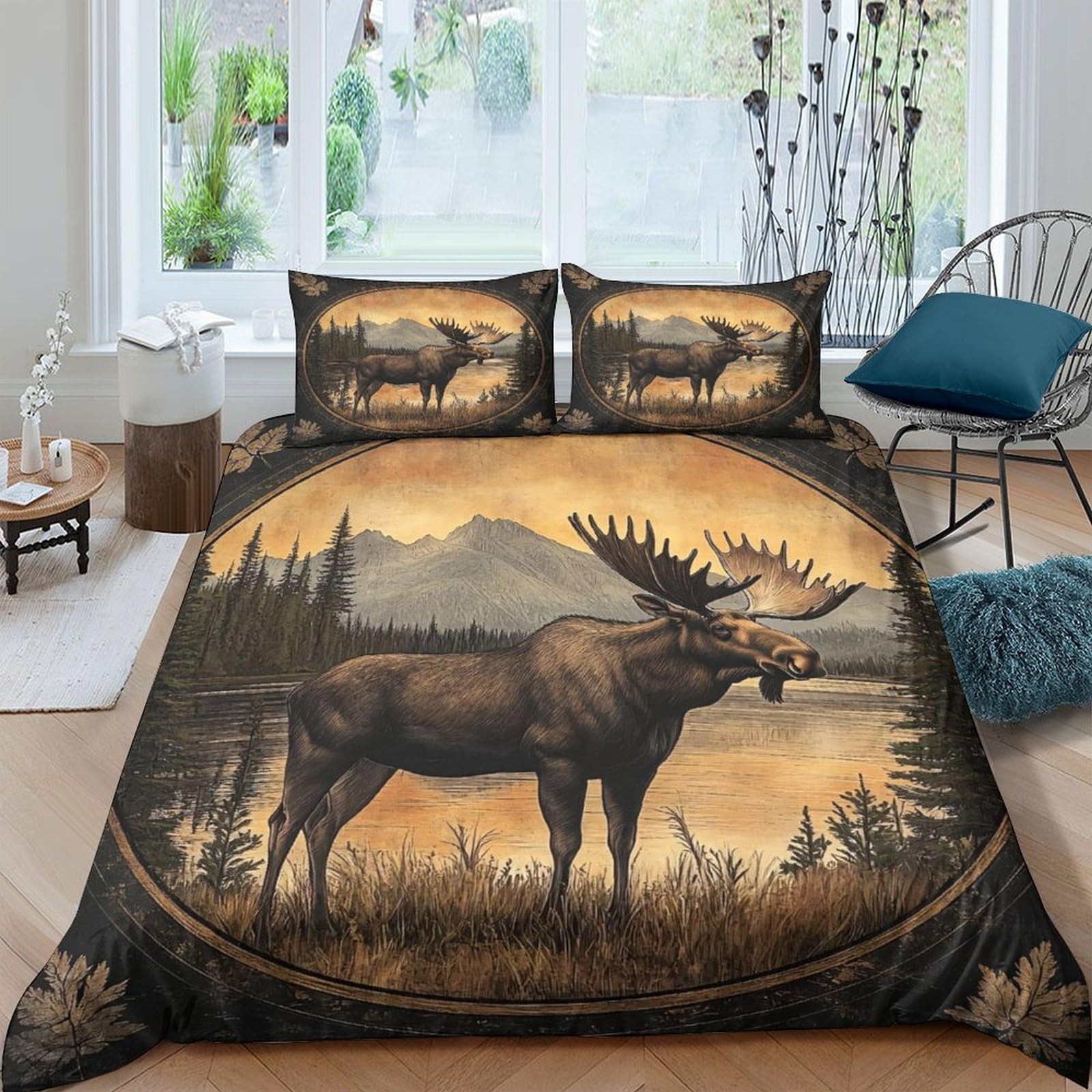 Ctjqhvkz Style-2 3D Printed Moose Forest Fitted Sheet Microfiber Anti-Slip Easy Care Elk Lake Bed Cover For Bedroom Decor Single（135X200cm）