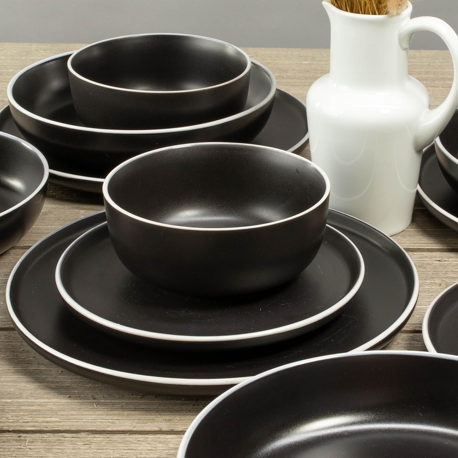 BIA Cordon Bleu Stoneware, Tempo, 16-Piece Dinnerware Set Double Bowl, Onyx