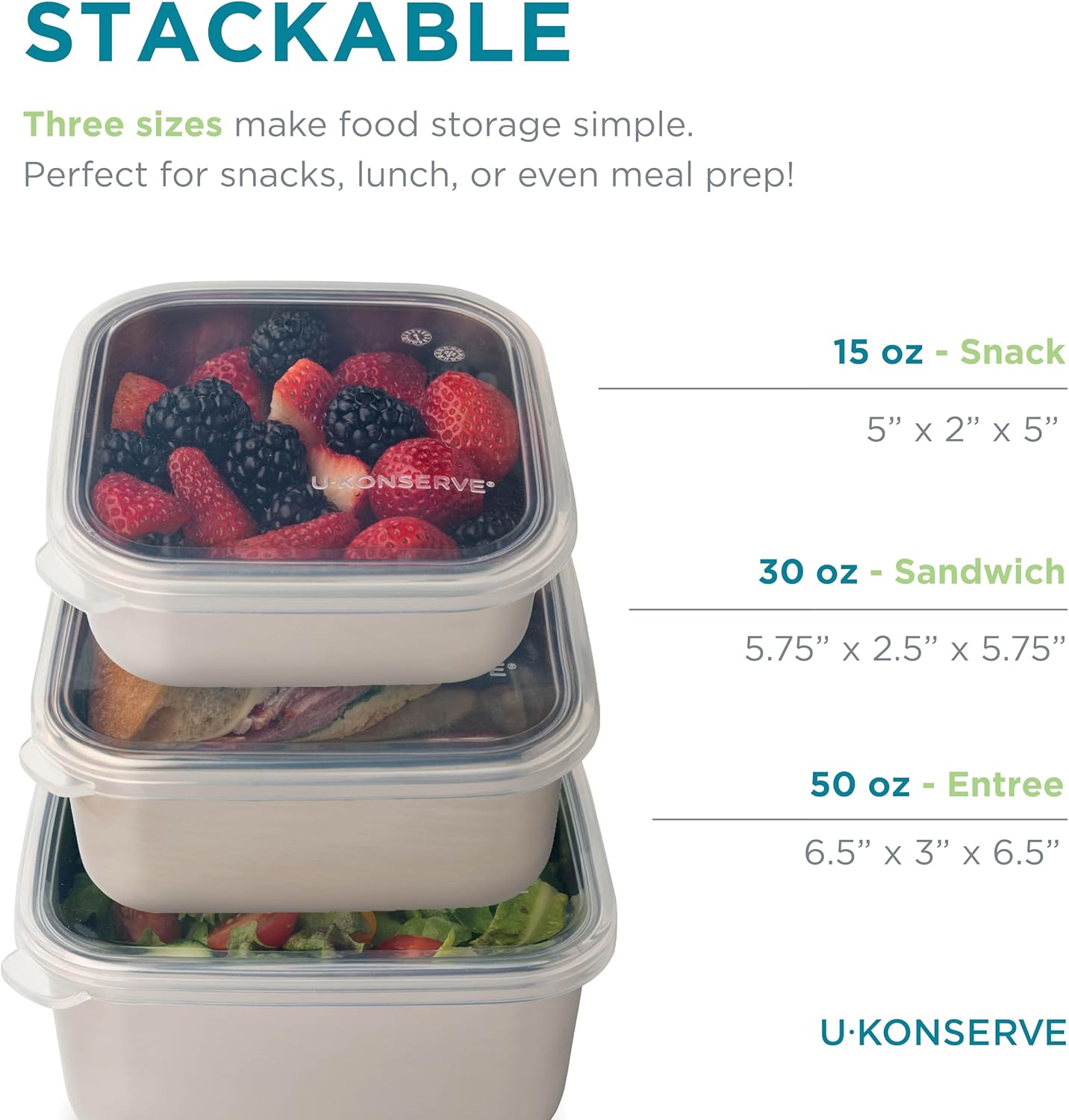 U Konserve Stainless Steel Nested Trio Food Storage Container Bento Box, Set of 3 (15, 30, & 50 oz), Leak Resistant, Silicone Lid, Dishwasher Safe, Plastic Free - Image 3
