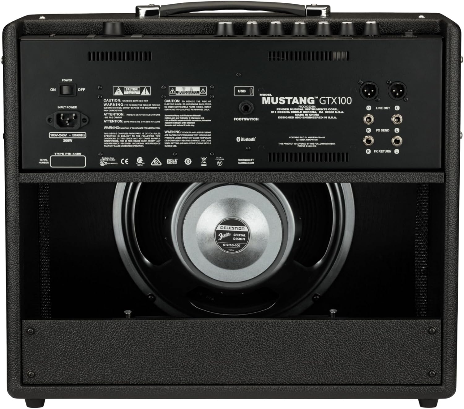 Rear panel of Fender Mustang GTX100 Amplifier showing power, footswitch, XLR, and effects loop connections