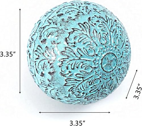 Miniatura 2 de Decoración para mesa de hierro, esferas decorativas de orbes decorativos, 3.35 pulgadas, flor azul turquesa, bola de damasco hueca de metal para
