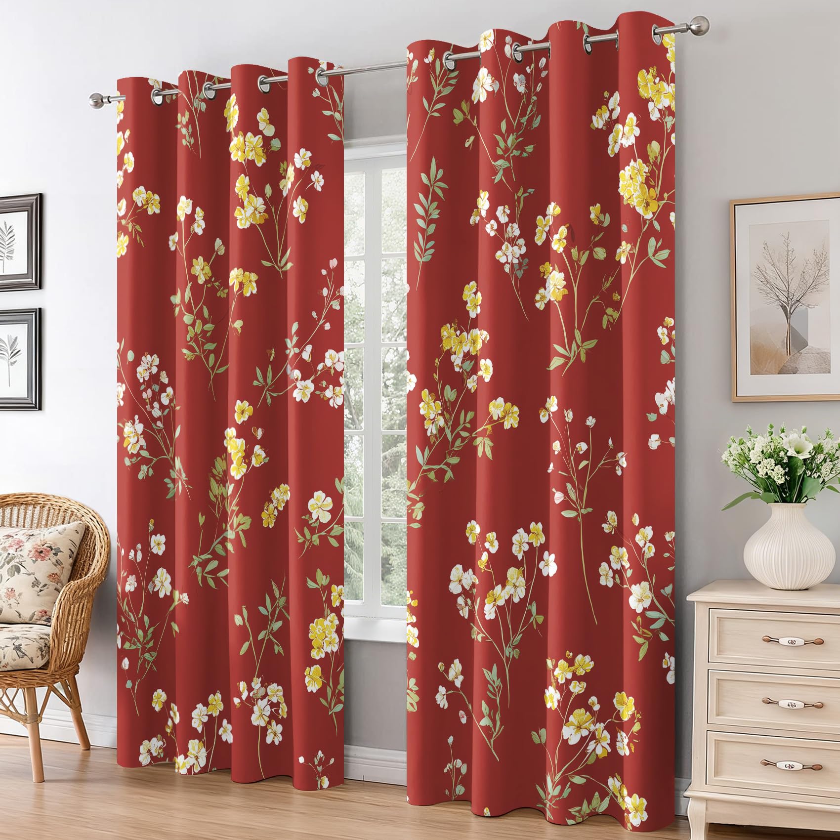 Rideaux occultants à œillets ditsy floral rouge et jaune 137x137 cm pour salon et chambre