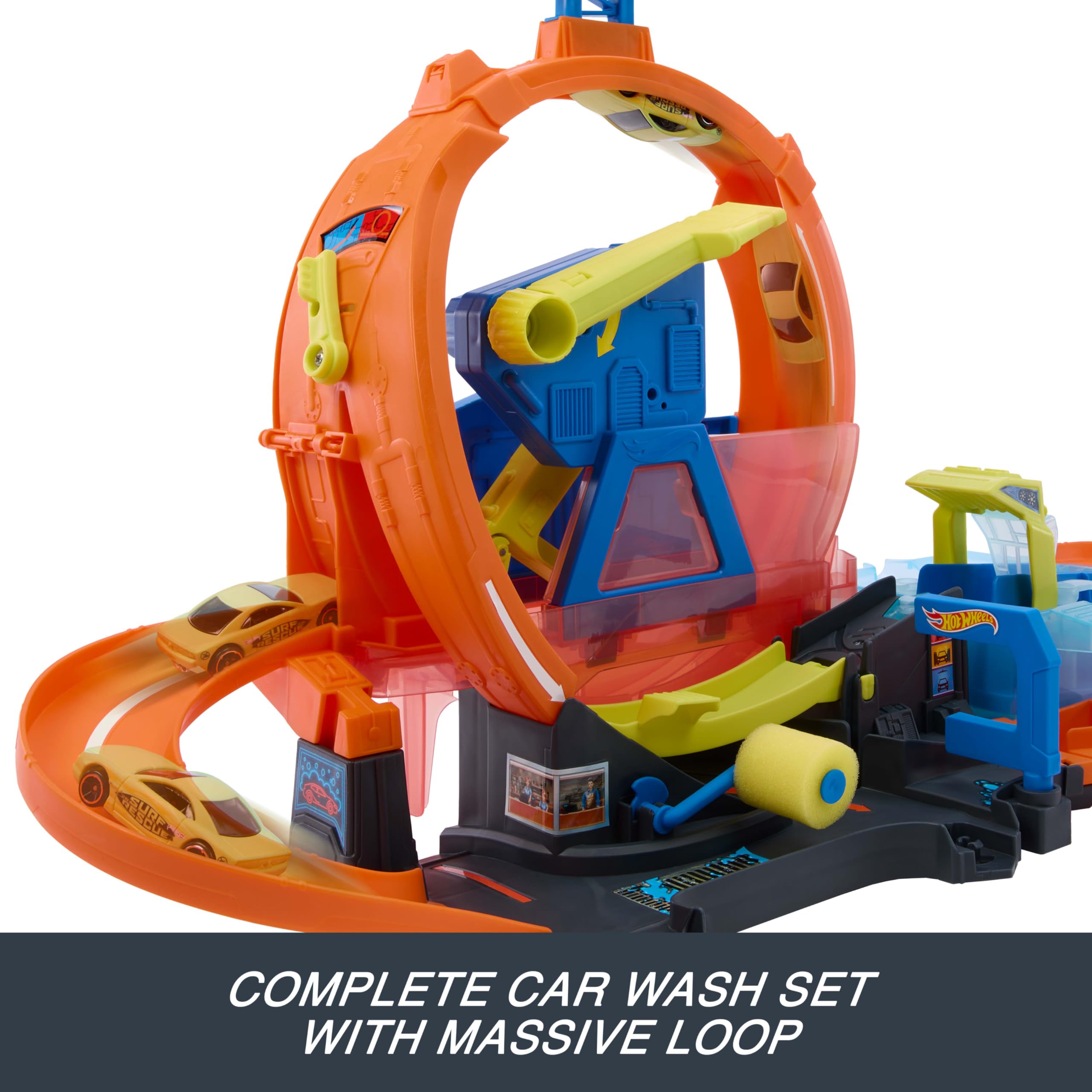 Hot Wheels City Mega Loop Lavado de Coches y Vehículo Cambia Color | Circuito con vehículo de escala 1:64 que cambia de color con agua caliente o fría, ideal para acrobacias y carreras, JTC56