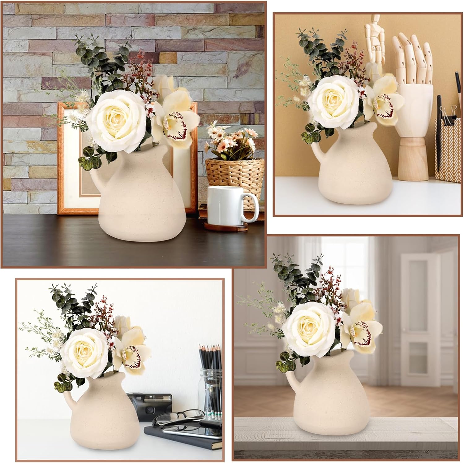 Rustic Ceramic Pitcher Vase with Handle, Antique Farmhouse Matte Textured Plain Neutral Unfinished Rough Clay Jug Pottery Vases for Home Decor…