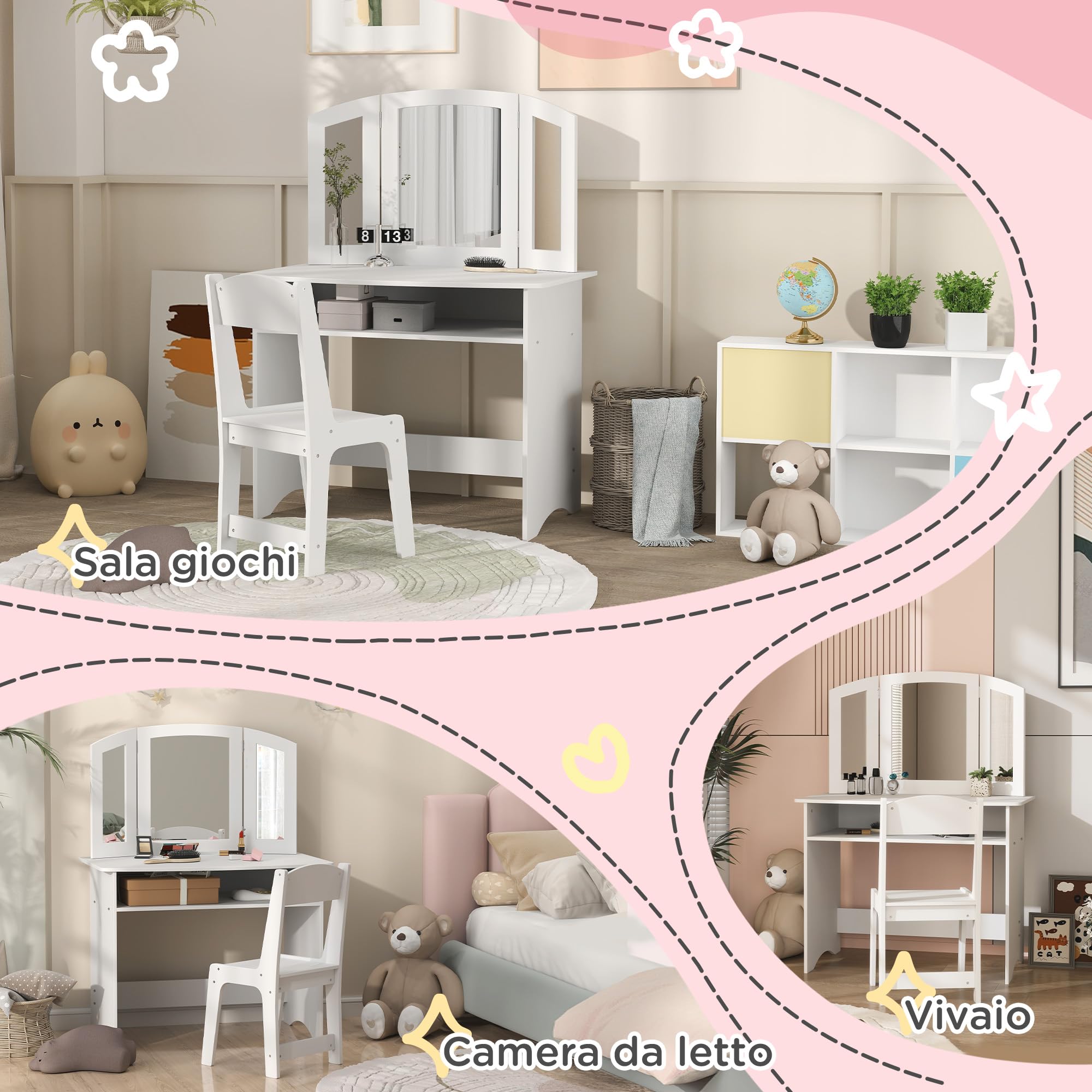 AIYAPLAY Set da Trucco per Bambini 3-6 Anni, Tavolo Toeletta con Specchio Triplo Rimovibile e Sedia in Legno, Bianco