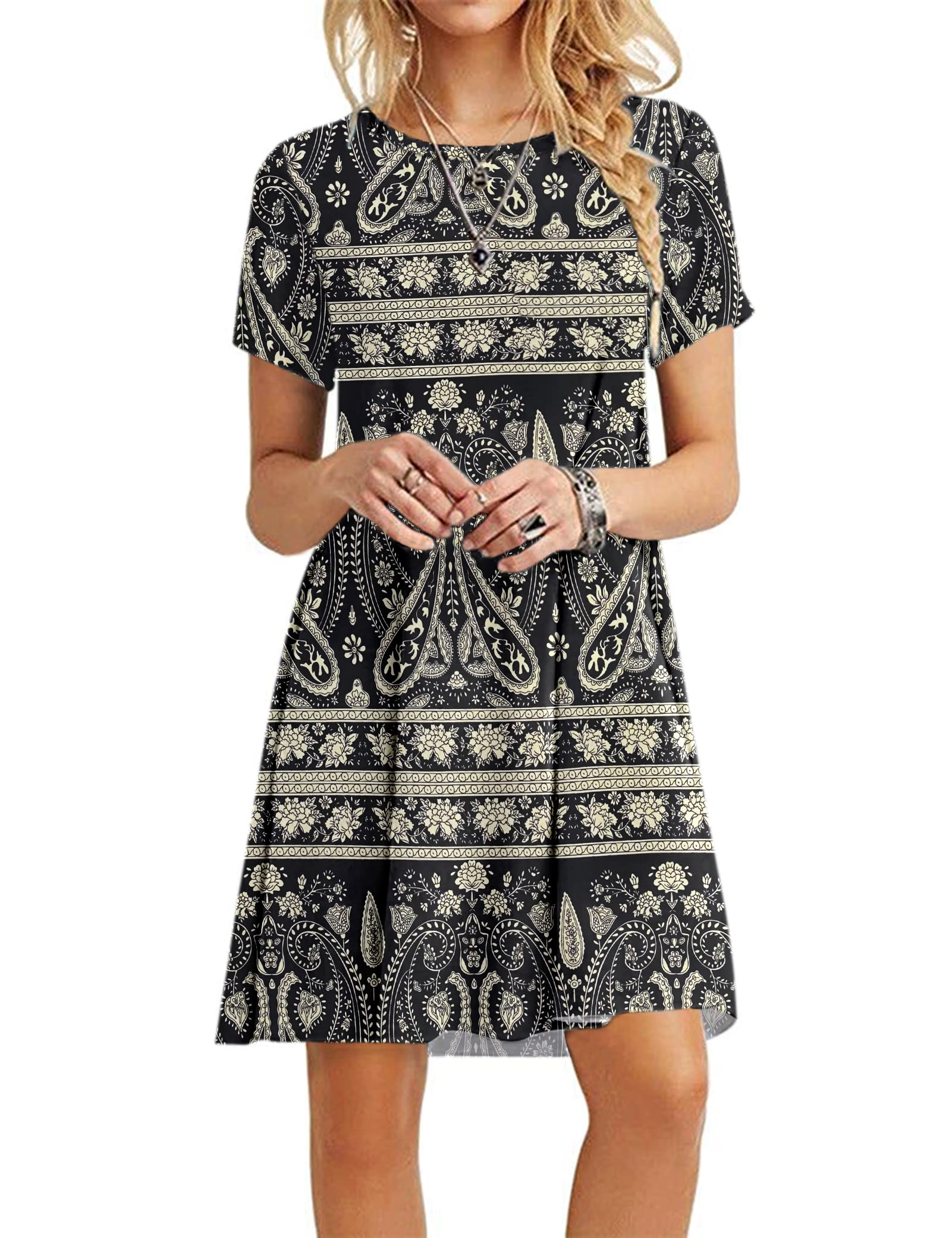 MOLERANI Summer Dresses for Women UK Casual T-Shirt Dress Short Sleeve Ladies Beach Dress (S Size, Boho Floral Black)