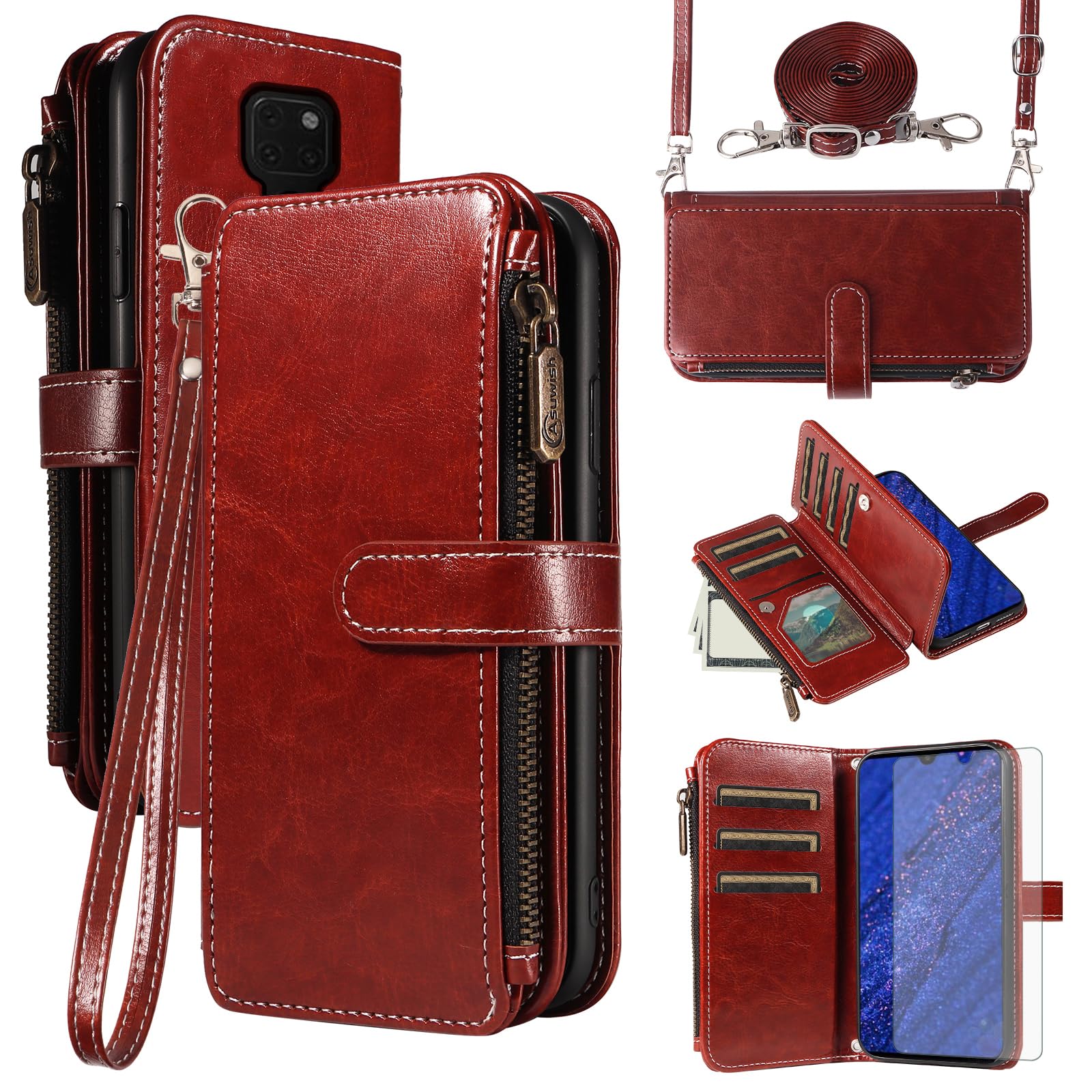 Asuwish Handyhülle für Huawei Mate 20 Hülle mit Band Folie Schutzfolie Kartenfach Klappbar Leder Geldbörse Ständer Hawaii Mate20 HMA-L29 Handy Hüllen Schutzhülle Reißverschluss Cover Phone Case Braun
