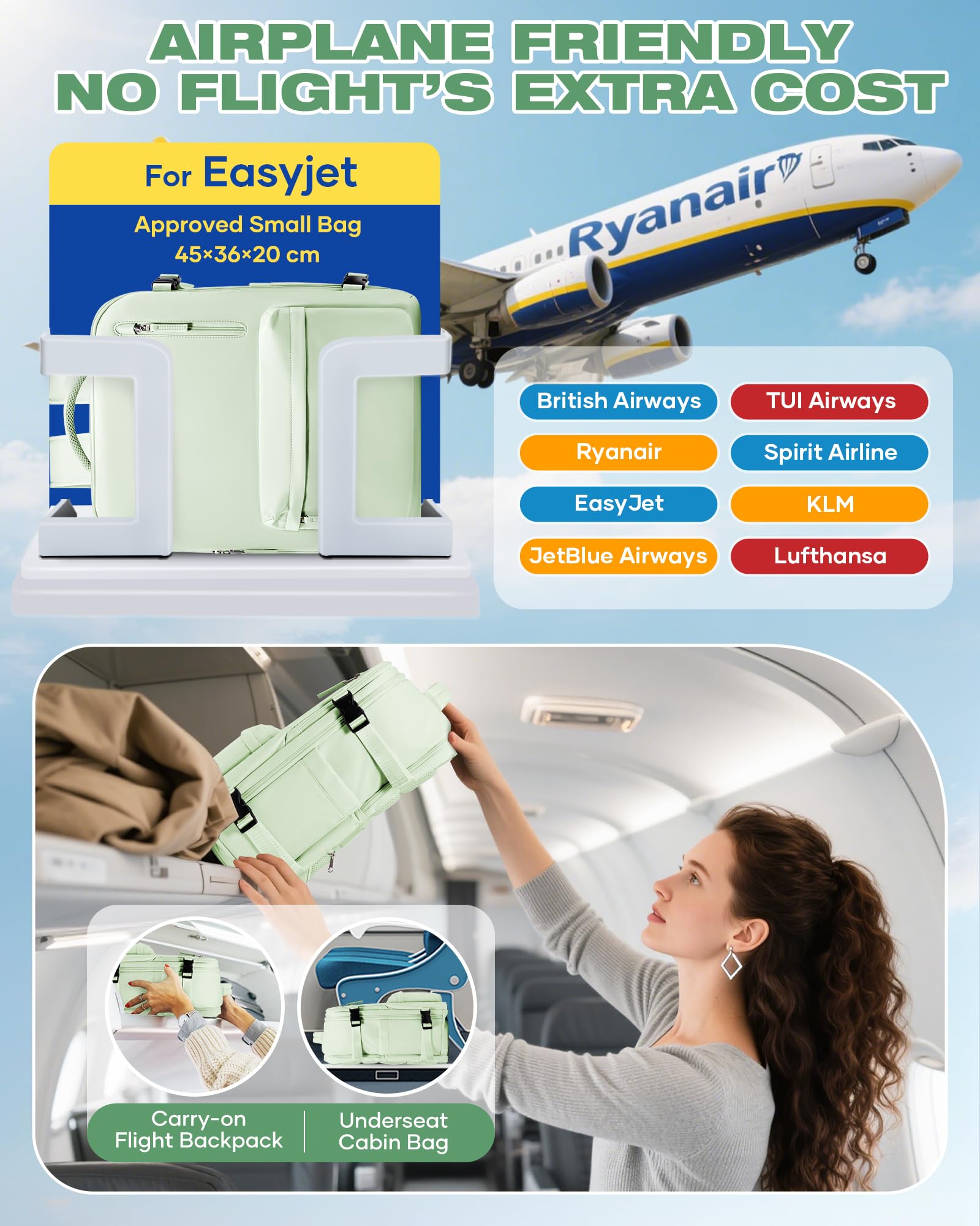 SZLX Zaino Ryanair 40x30x20 Sottovuoto con pompa Zaino Ryanair 40x20x25 Sottovuoto Bagaglio a Mano 40x30x20 Wizzair Zaino da Viaggio 45x36x20 Easyjet Donna Zaino Casual Laptop 14 Pollici Impermeabile