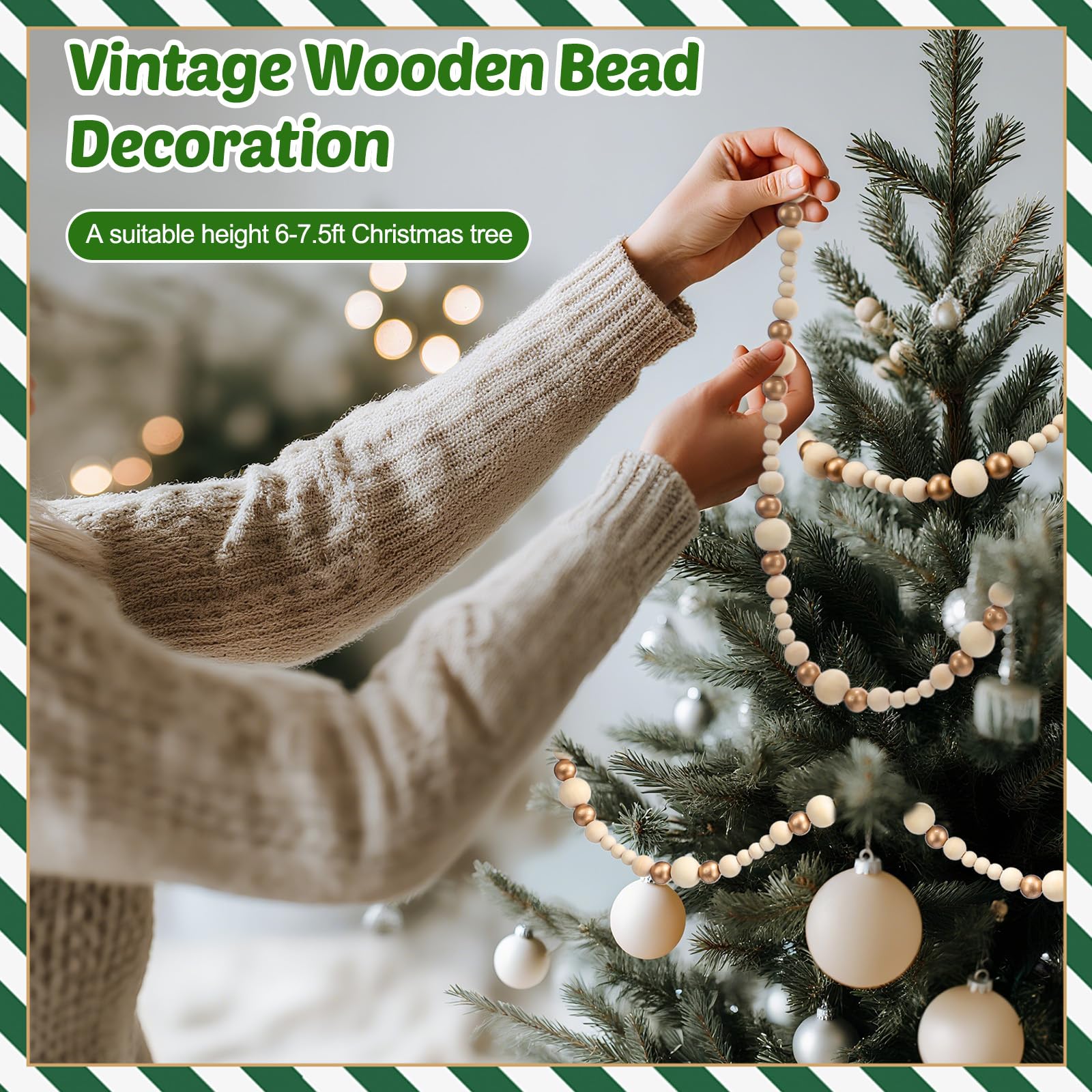Briwooody Guirnalda de cuentas de madera de Navidad de 27 pies de largo, 3 piezas de guirnalda de árbol de Navidad de madera de 9 pies, guirnaldas de cuentas vintage para Navidad, boda, vacaciones